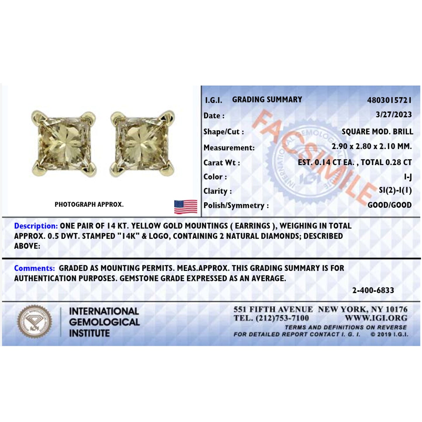 Pendientes solitario de oro amarillo de 14 K con diamantes de corte princesa de 1/4 Cttw, certificados por IGI