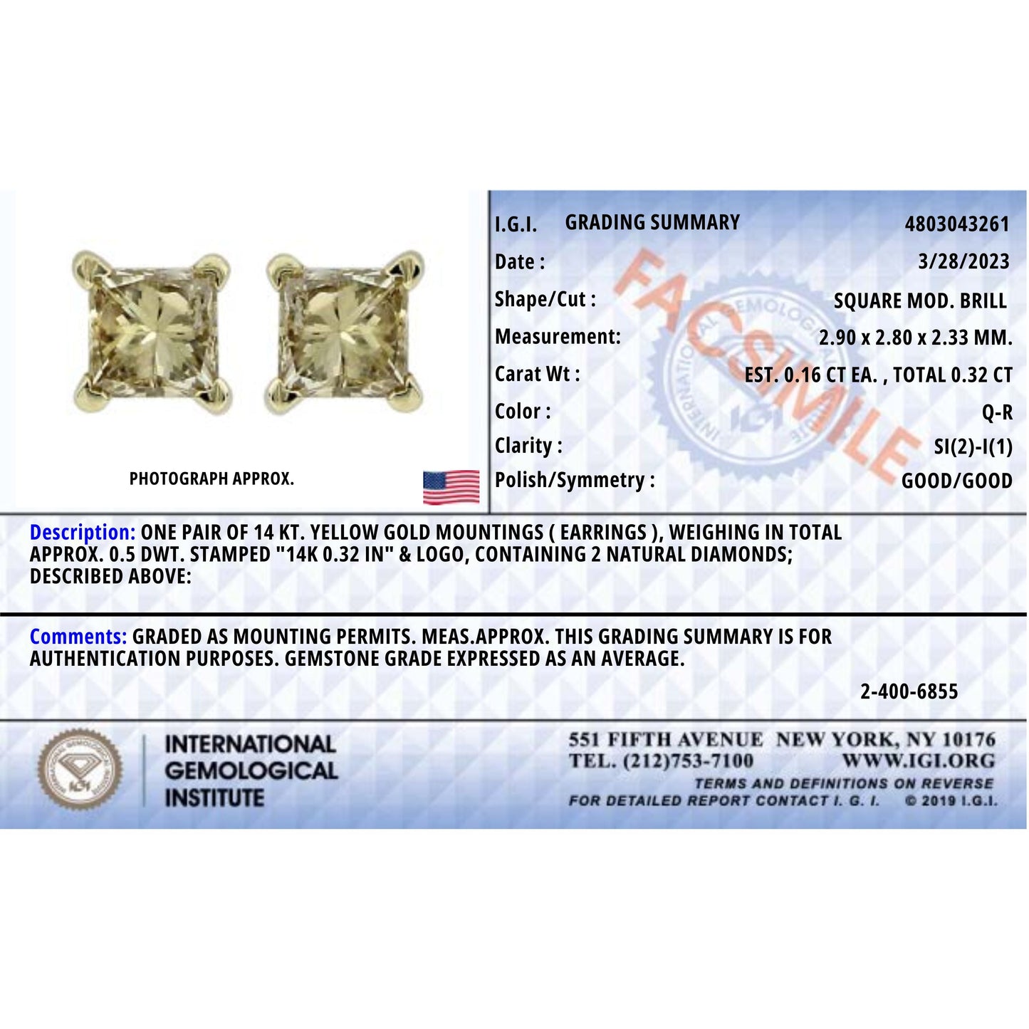 Pendientes de botón solitarios con diamantes de talla princesa de 1/3 Cttw en oro amarillo de 14k con engaste de 4 puntas, certificados por IGI (color Q-R, claridad I1-I2)