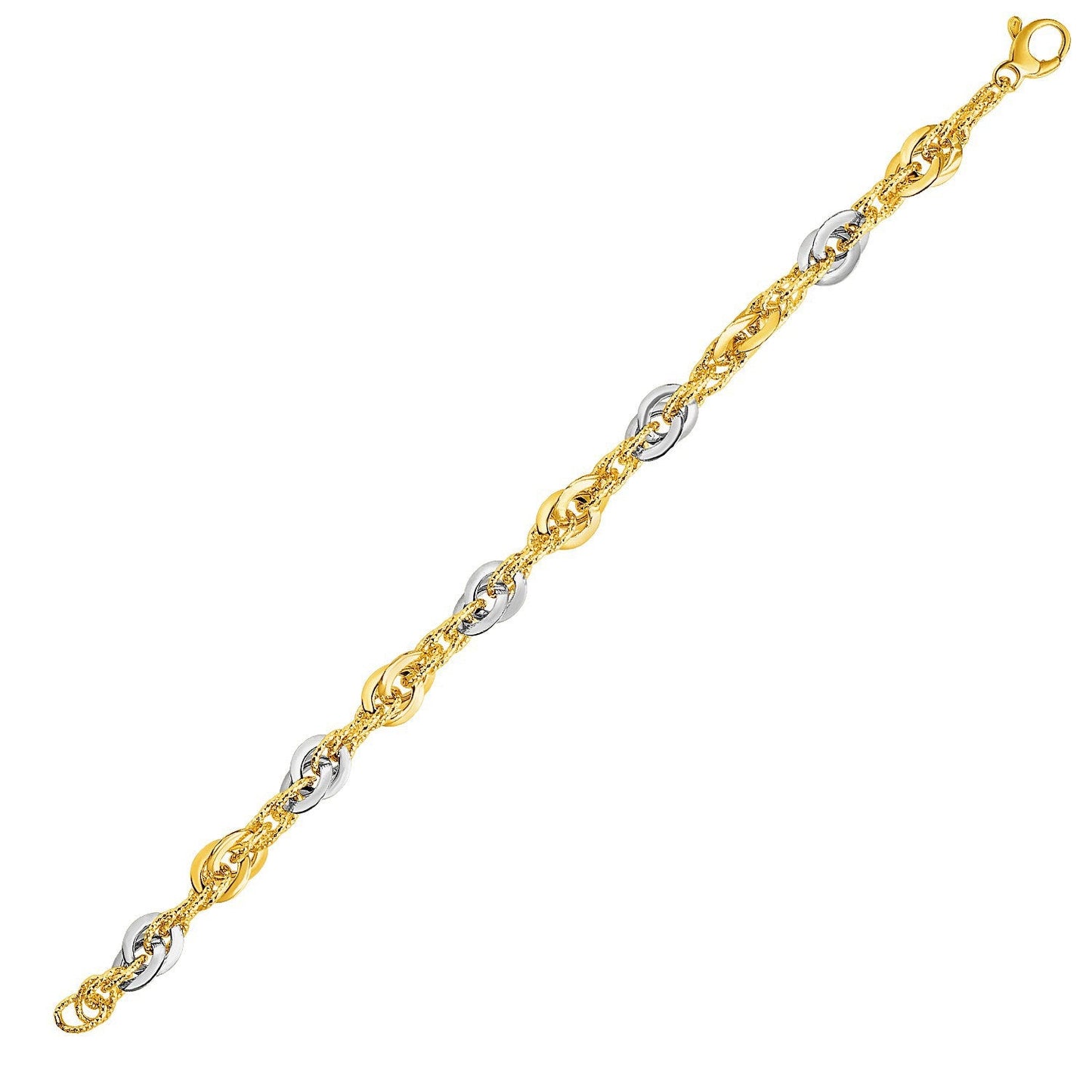 Pulsera de eslabones dobles texturizados en oro bicolor de 14k amarillo y blanco