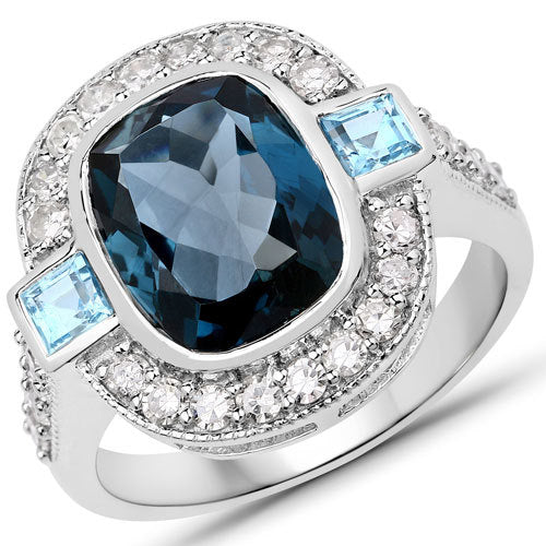 Anillo de plata de ley .925 con topacio azul Londres auténtico de 5,27 quilates, topacio azul suizo y diamantes blancos