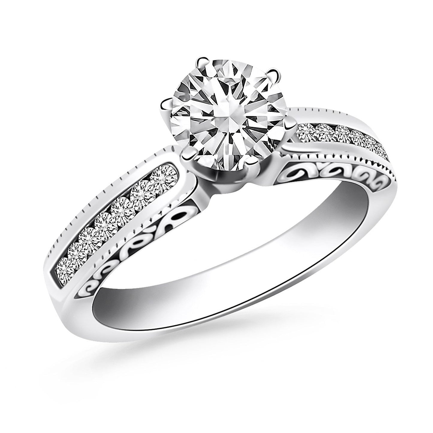 Anillo de compromiso en oro blanco de 14k con engaste de canal y laterales grabados