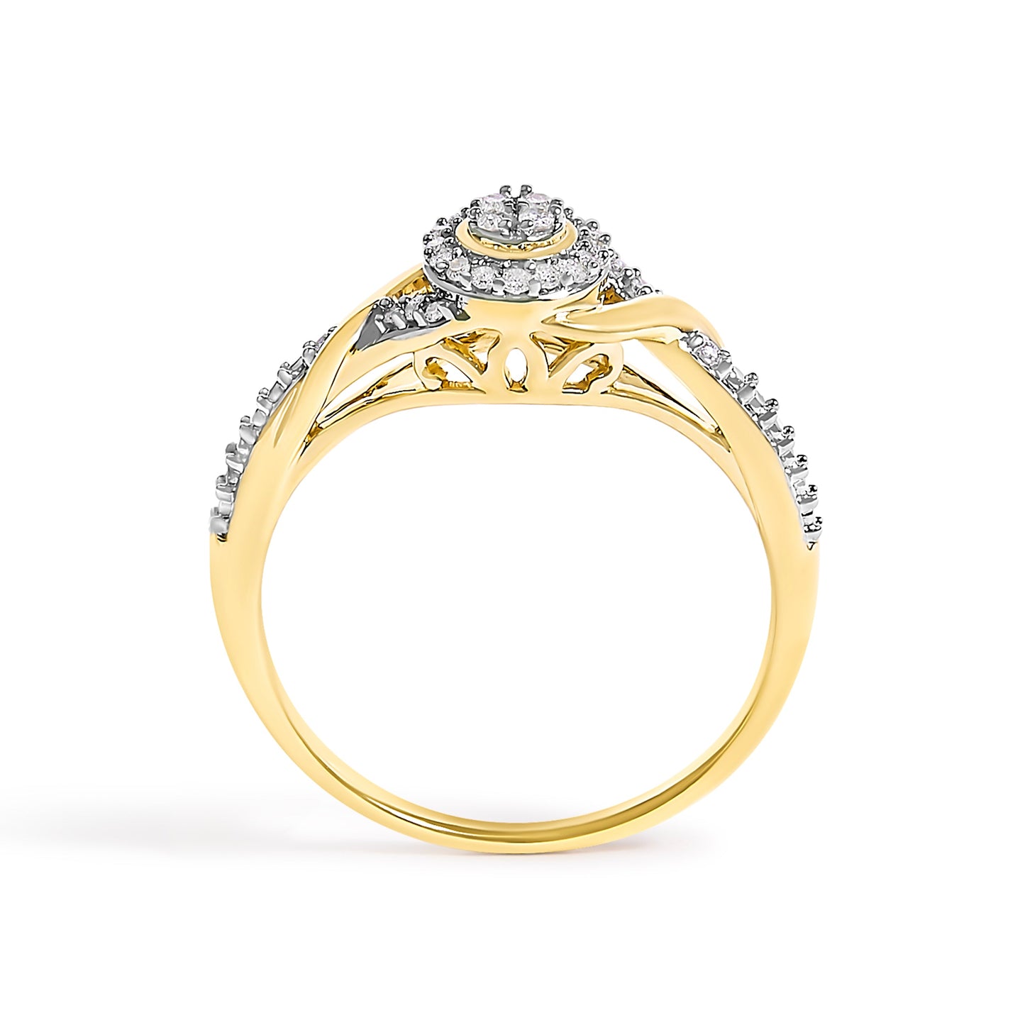 Anillo de promesa en oro amarillo de 10K con diamante en forma de espiral y halo de 1/10 Cttw (color I-J, claridad I3) - Talla 7