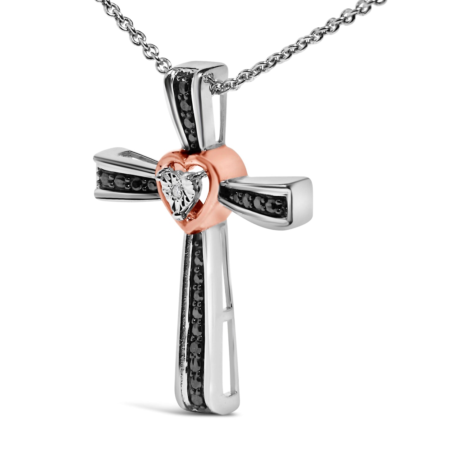 Collar con colgante de cruz con corazón y acento de diamante de rodio negro en plata de ley chapada en oro rosa de 14 quilates