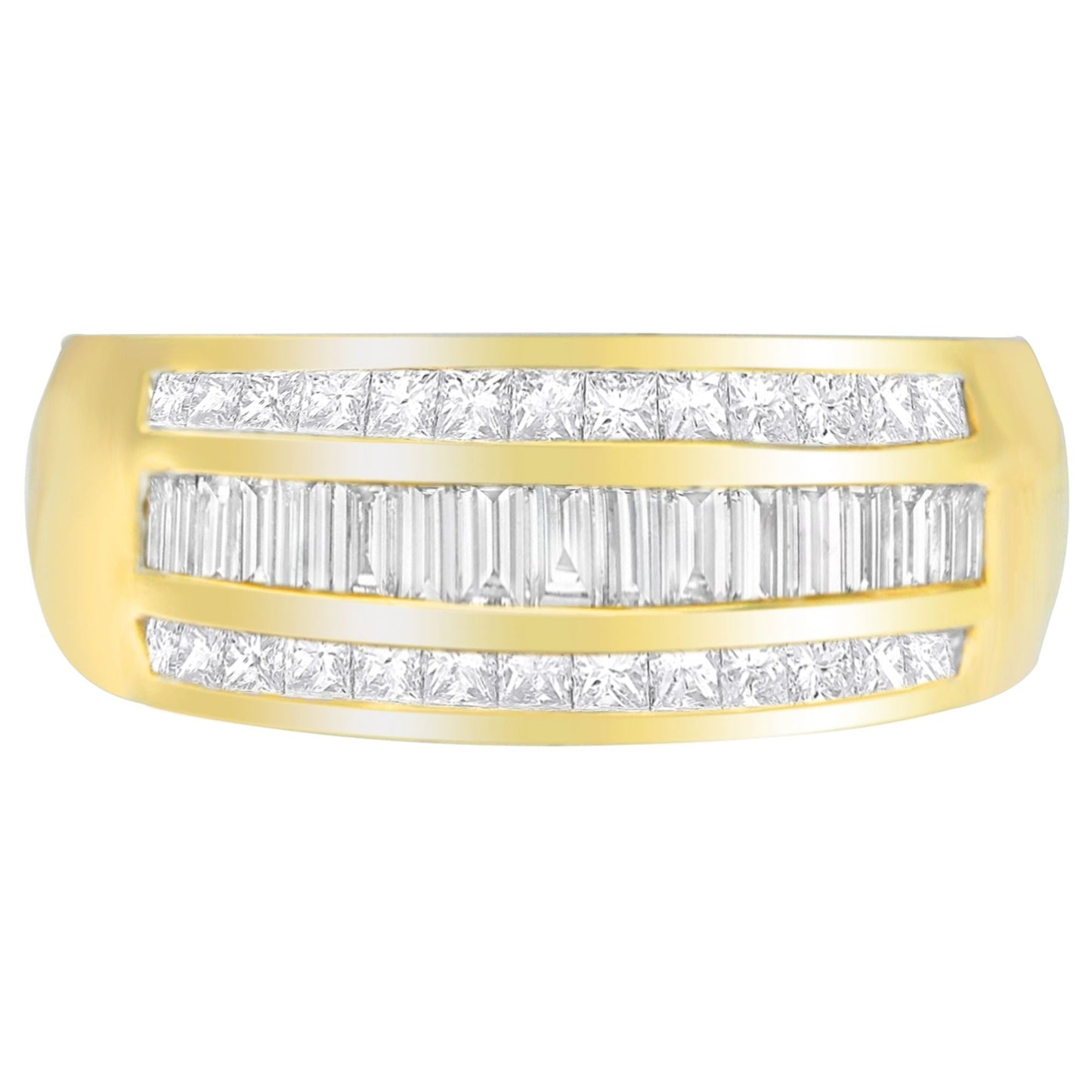 Anillo de oro amarillo de 14 quilates con diamantes talla princesa y baguette de 1 qt. peso total (H-I, SI1-SI2)