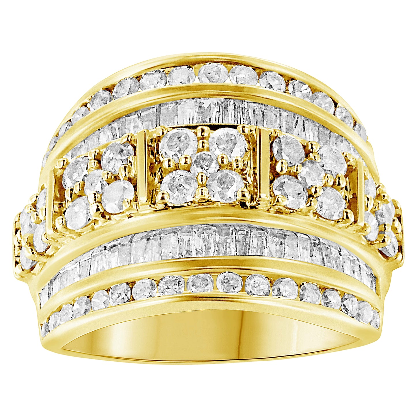 Anillo de plata de ley .925 con diamantes redondos y de talla baguette de 2.0 Cttw, engastados en canal en varias filas, diseño cónico, tipo cóctel (Color I-J, Claridad I3) - Talla 7