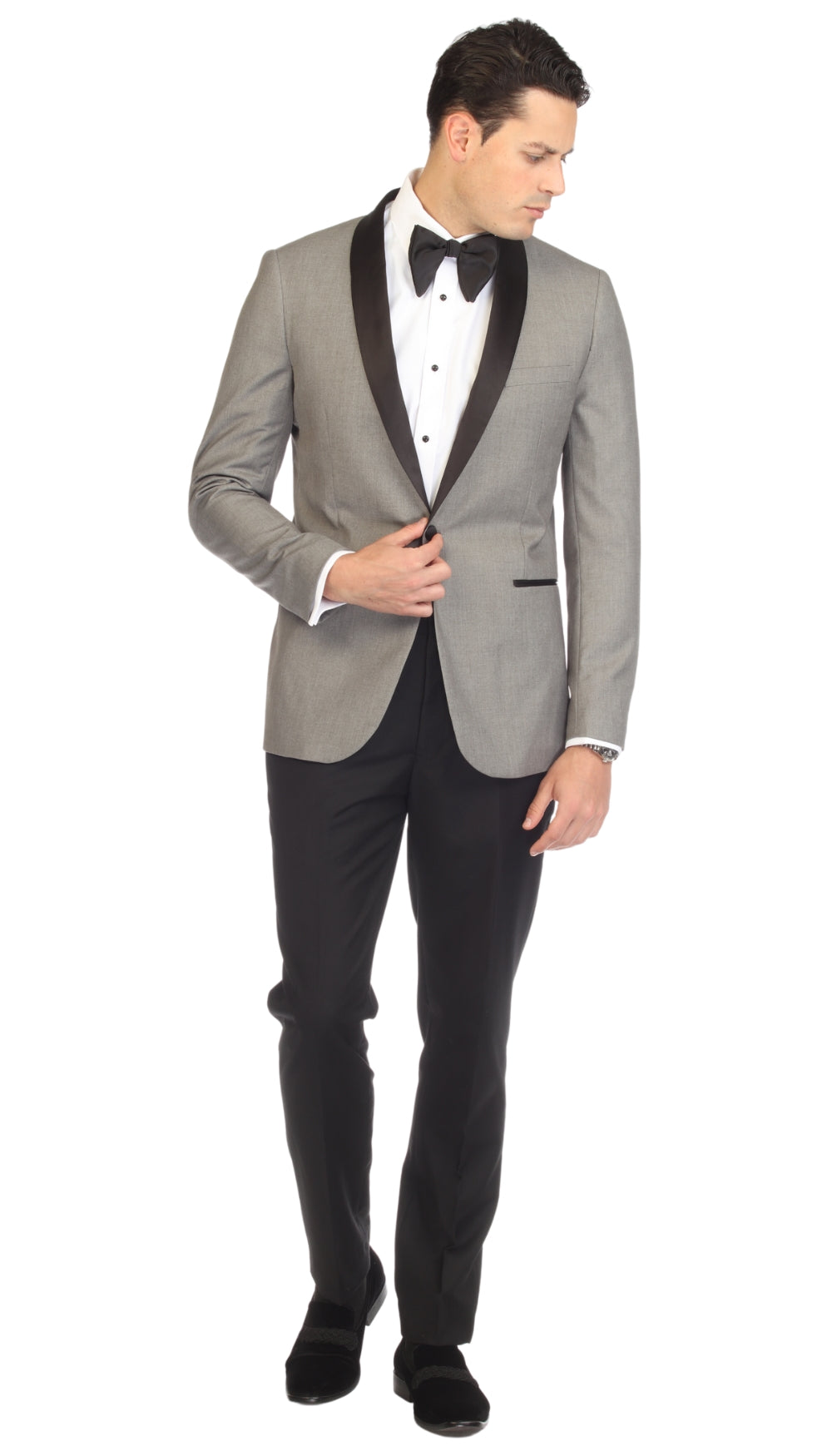 Men's Grey & Black Shawl Lapel Tuxedo – Slim Fit 2 Piece Suit | Ferrecci Reno