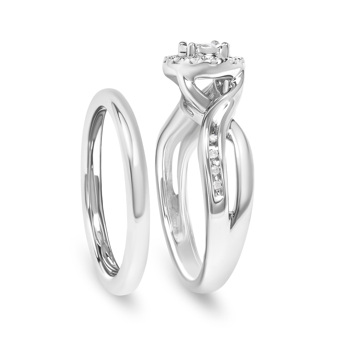 Anillo de compromiso y alianza de plata de ley .925 con halo de diamantes de 1/7 quilates (color I-J, claridad I3) - Talla 7
