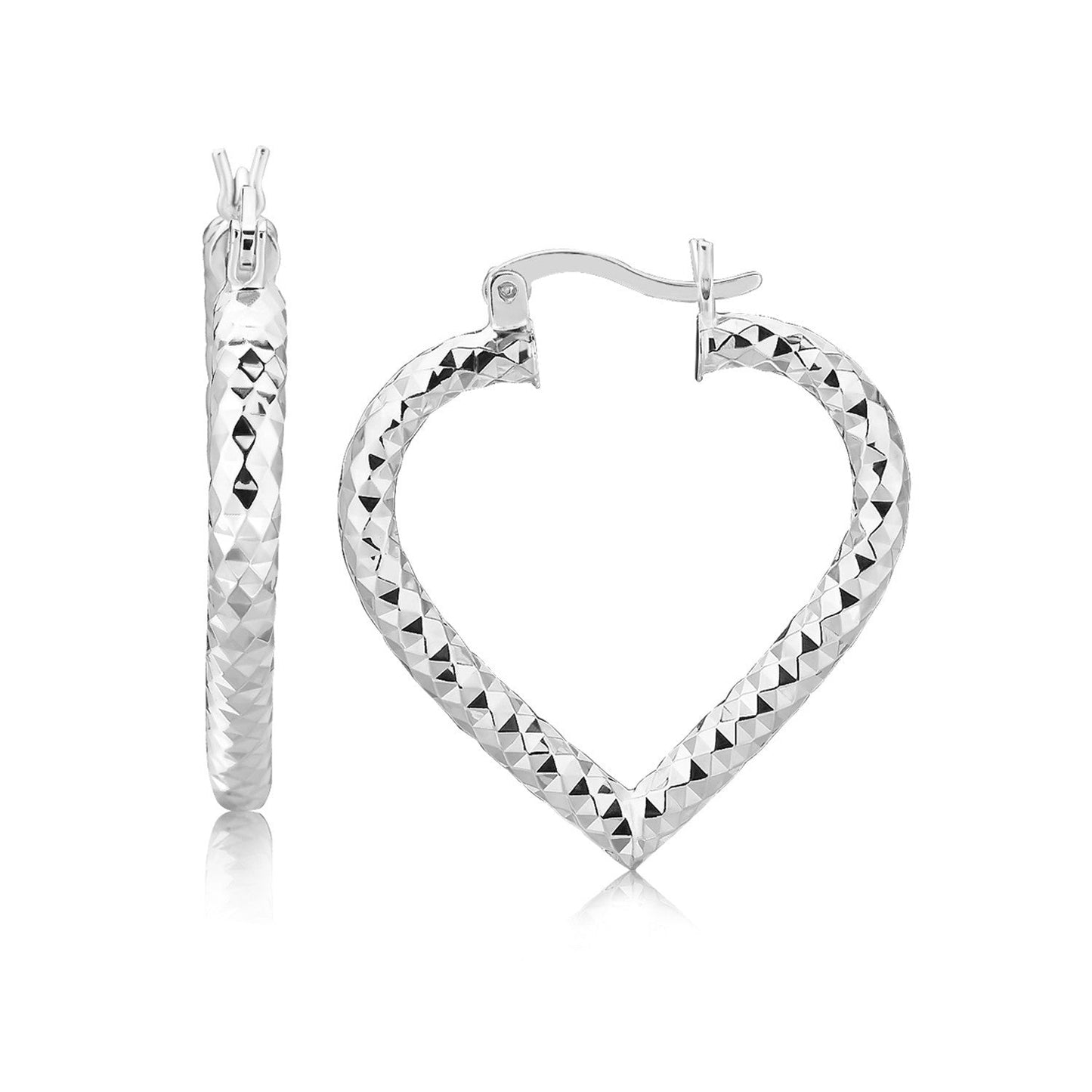 Pendientes de aro de plata de ley con corte de diamante, estilo corazón y baño de rodio