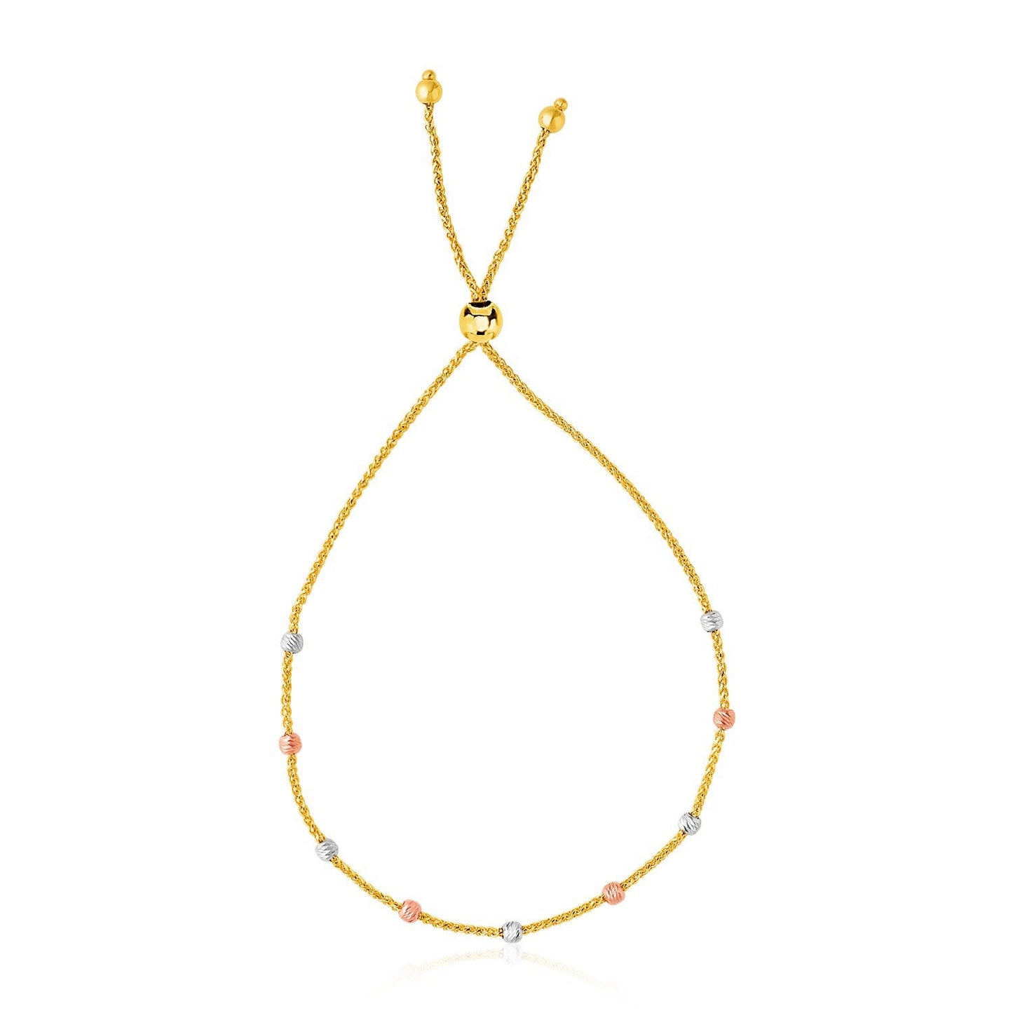 Pulsera Lariat de Oro Tricolor de 14k con Cuentas Texturizadas