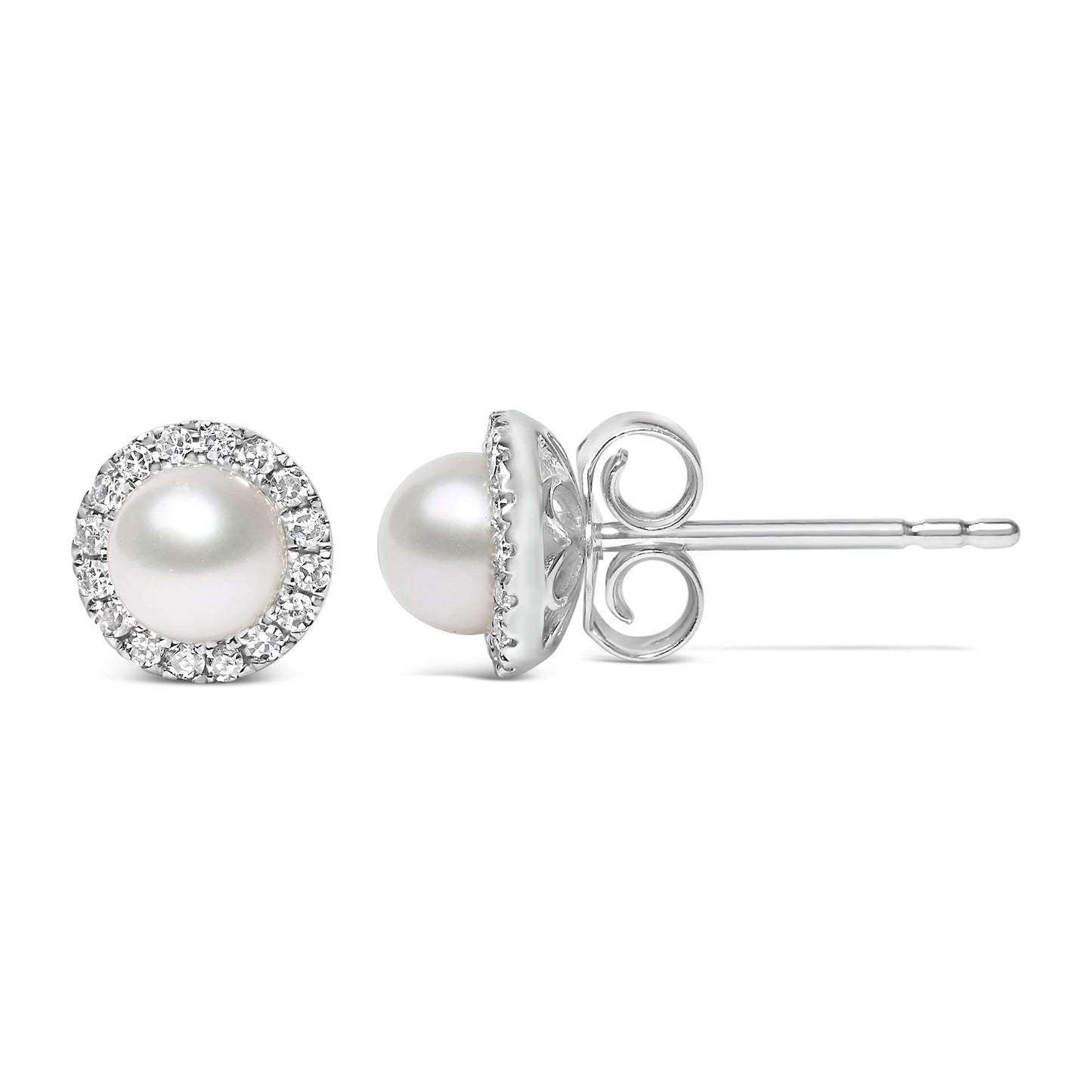 Pendientes de botón halo de oro blanco de 10K con perlas cultivadas de agua dulce de 4,5 mm y diamantes de 1/7 Cttw (color I-J, claridad I1-I2)