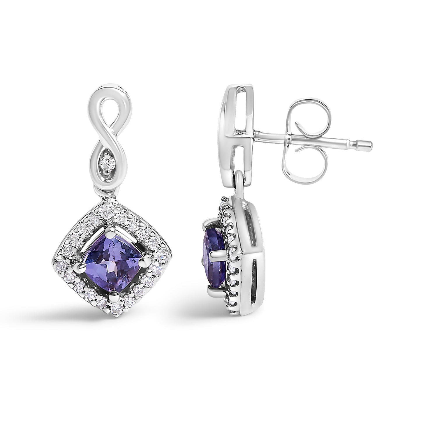 Pendientes colgantes con forma de cojín, halo de tanzanita azul-violeta y diamantes en oro blanco de 10K (color I-J, claridad I1-I2)