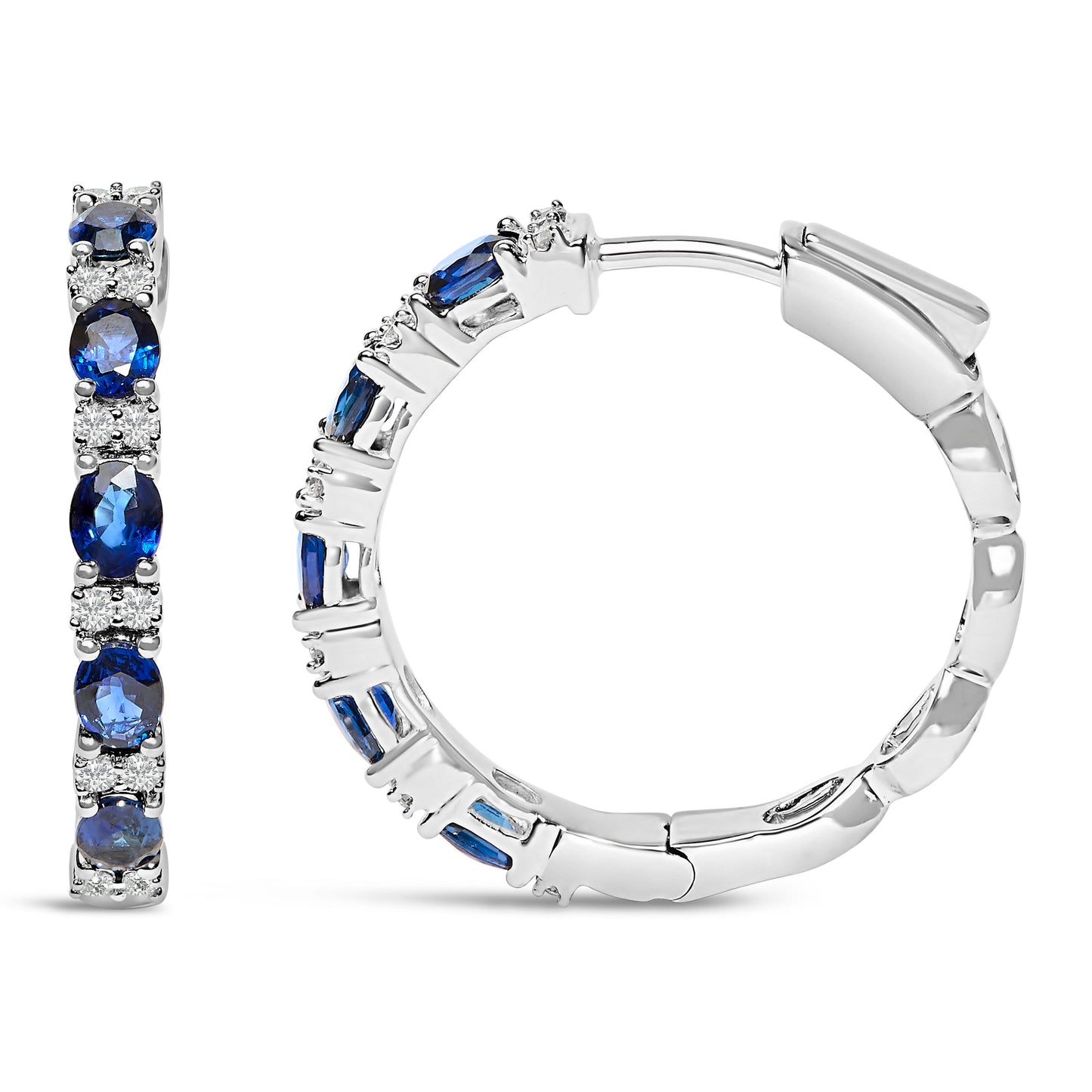 Pendientes de aro alternos de oro blanco de 14 quilates con zafiro azul ovalado de 4x3 mm y diamante de 1/4 Cttw (color I-J, claridad SI2-I1)