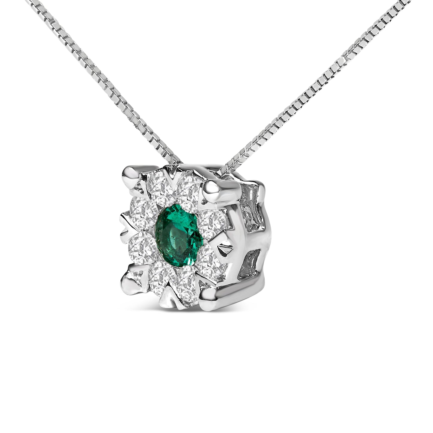 Collar con colgante de 4 mm en oro blanco de 14K con esmeralda verde y halo de diamantes de 1/3 Cttw en composición, 18" (color F-G, claridad VS2-SI1)