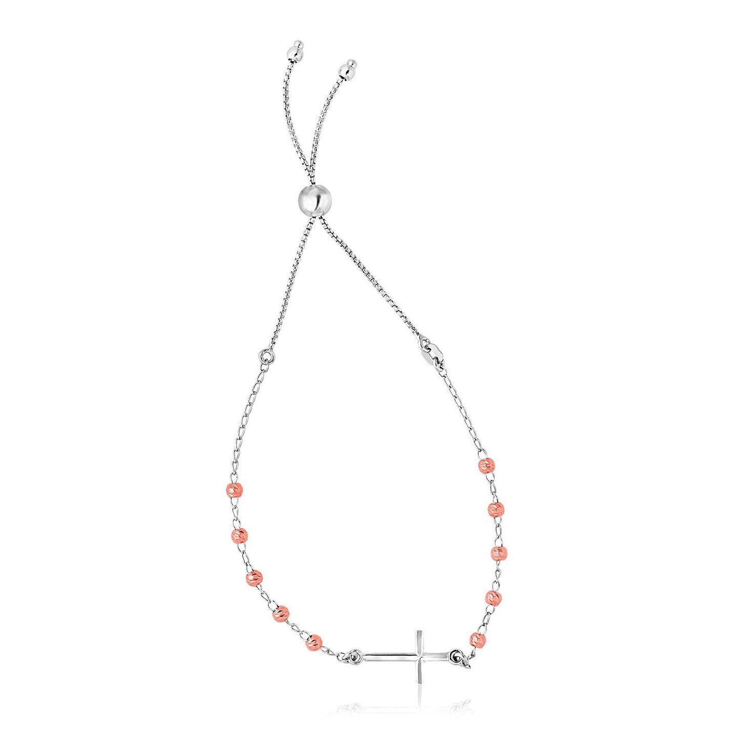 Pulsera ajustable de plata de ley con acabado blanco y oro rosa con cruz