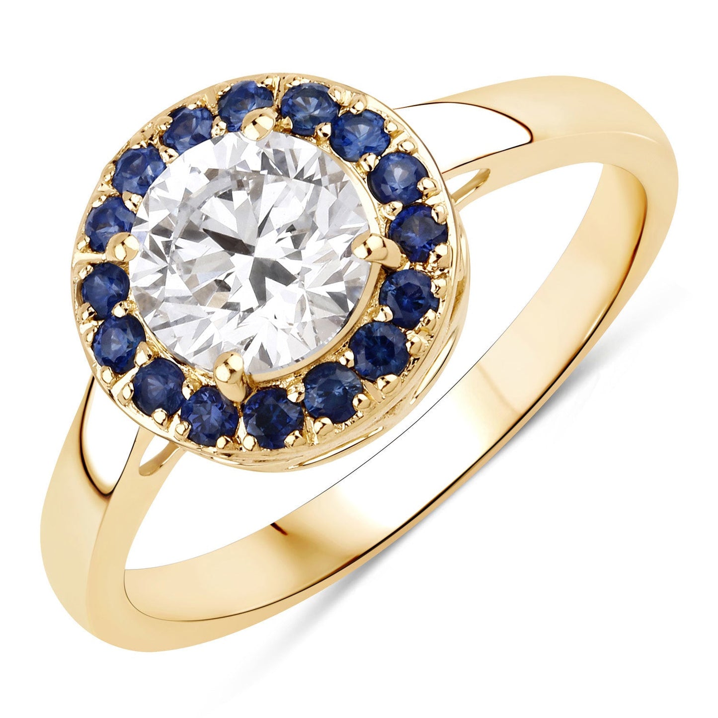Anillo de oro amarillo de 14 quilates con zafiro azul natural de 1,32 quilates y diamante creado en laboratorio