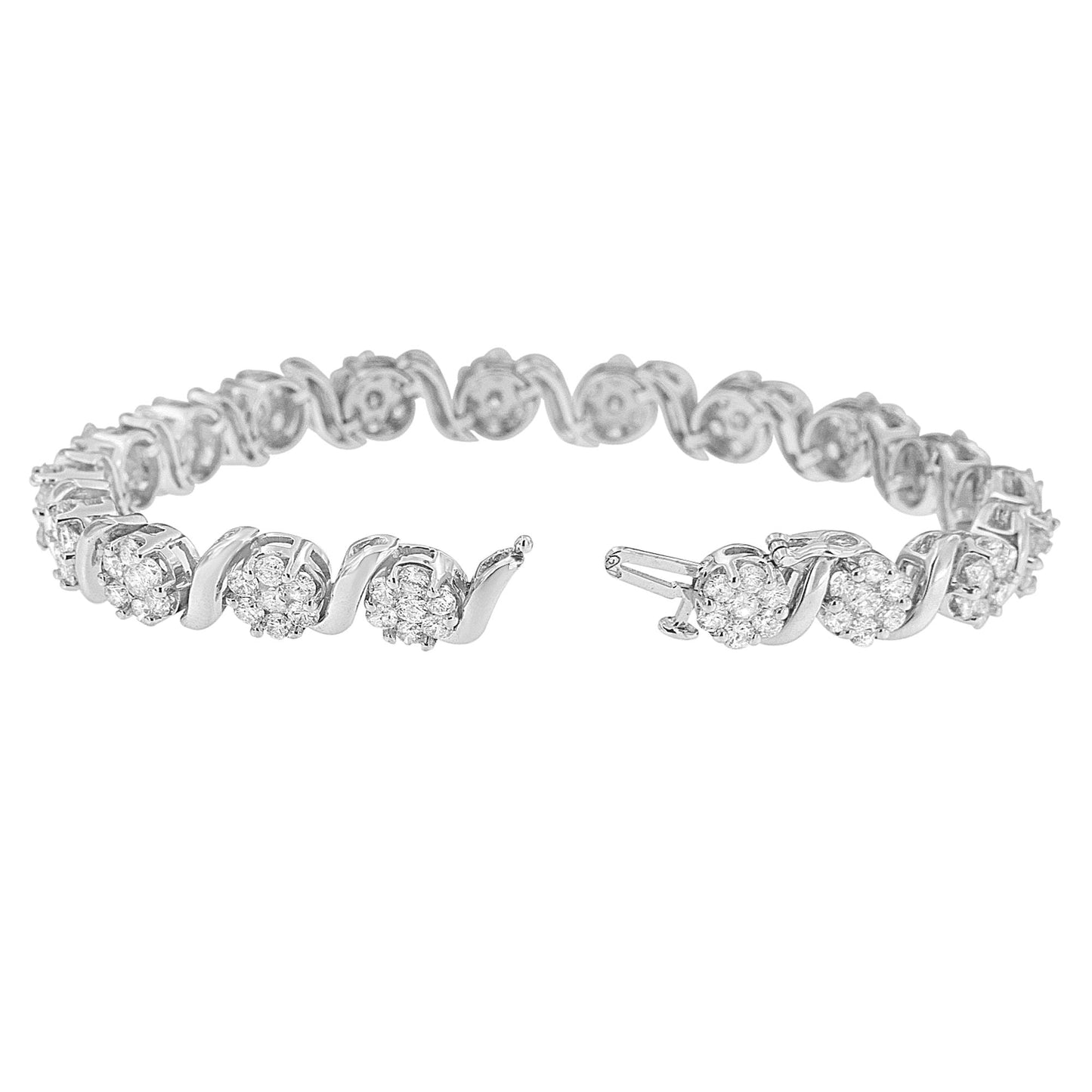 Pulsera de oro blanco de 14 quilates con racimo floral de diamantes redondos talla brillante de 7 3/8 quilates y eslabones en S (color H-I, claridad SI2-I1) - 7 pulgadas