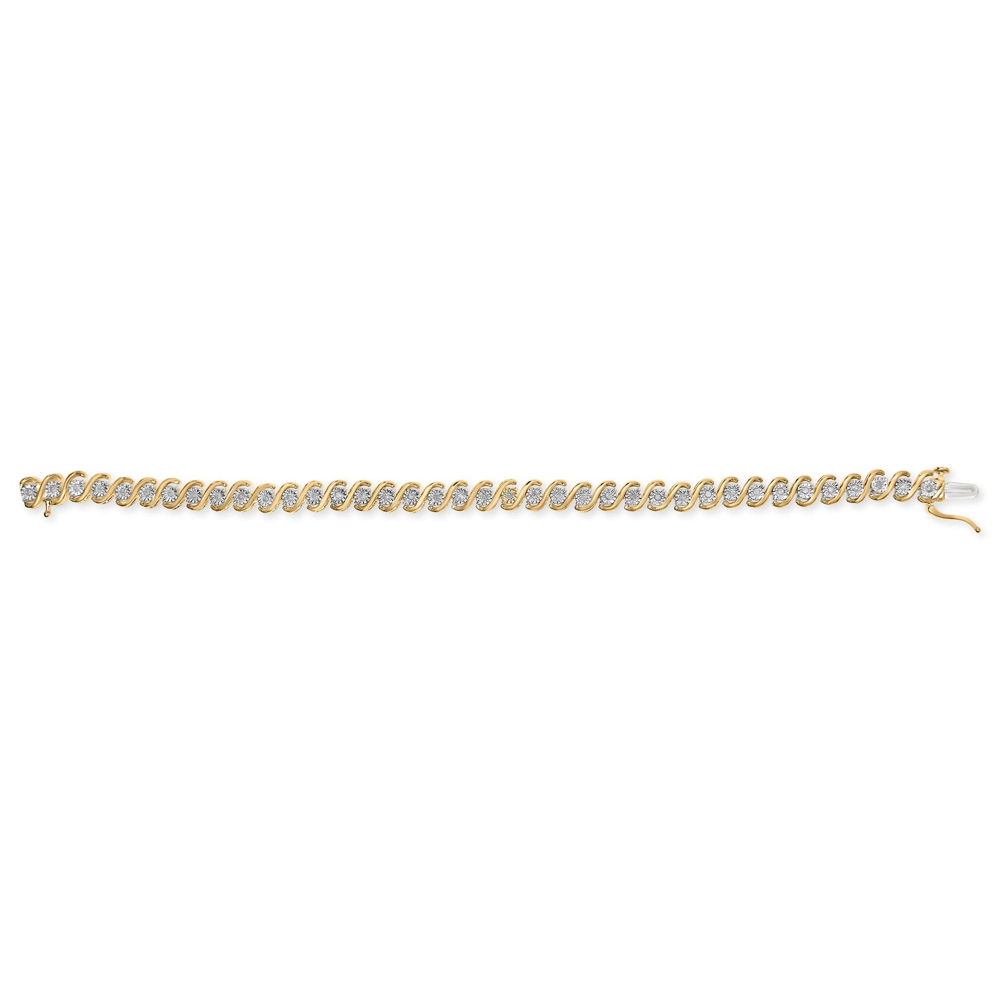 Pulsera de tenis de oro amarillo de 14 quilates chapado en plata de ley .925 con diamantes redondos de 1/2 quilate engarzados en milagro, en forma de S (color I-J, claridad I3) - 7"