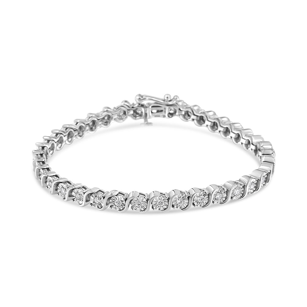 Pulsera de tenis de oro blanco de 14 quilates con diamantes cultivados en laboratorio de 1,00 quilates, placa milagrosa redonda y eslabón en "S" (color F-G, claridad VS2-SI1) 7"
