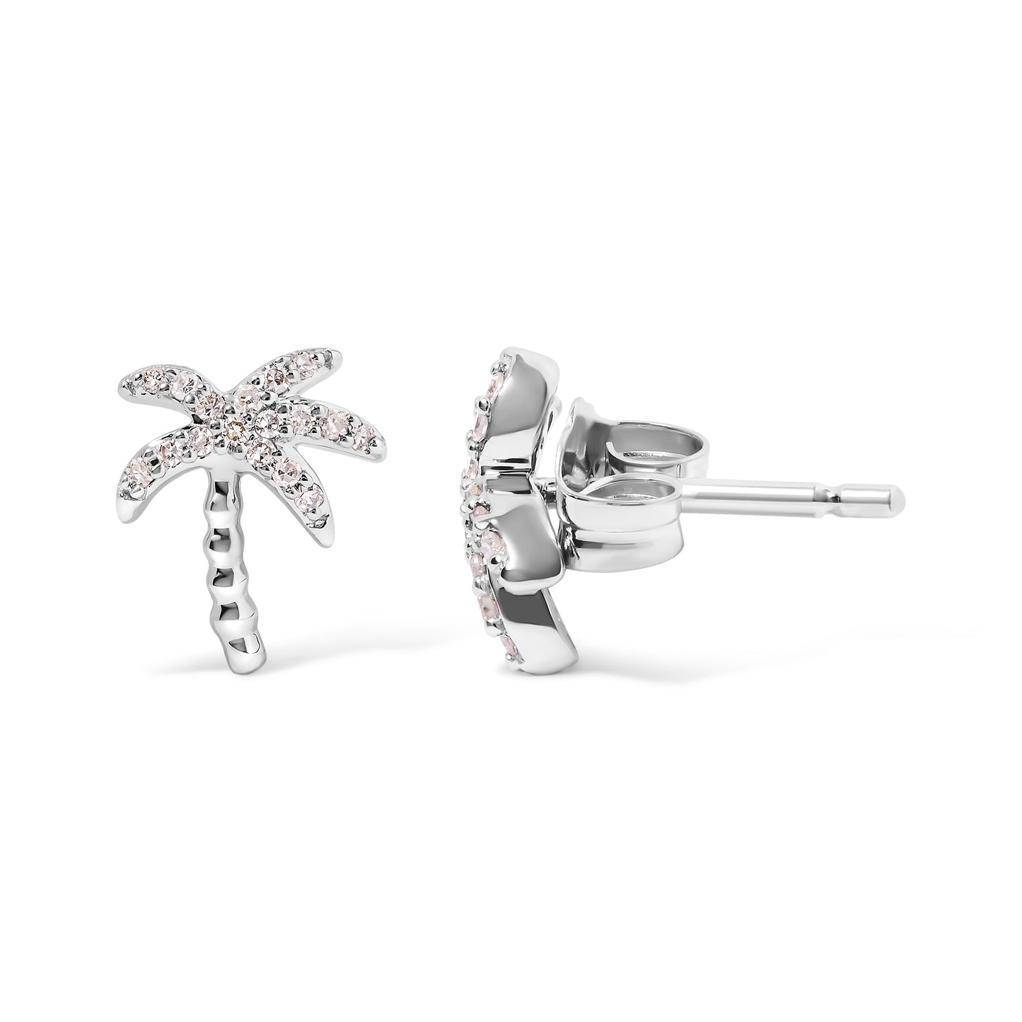 Pendientes de tuerca de oro blanco de 10 quilates con diamantes de 1/10 quilate y palma (Color H-I, Claridad I1-I2)