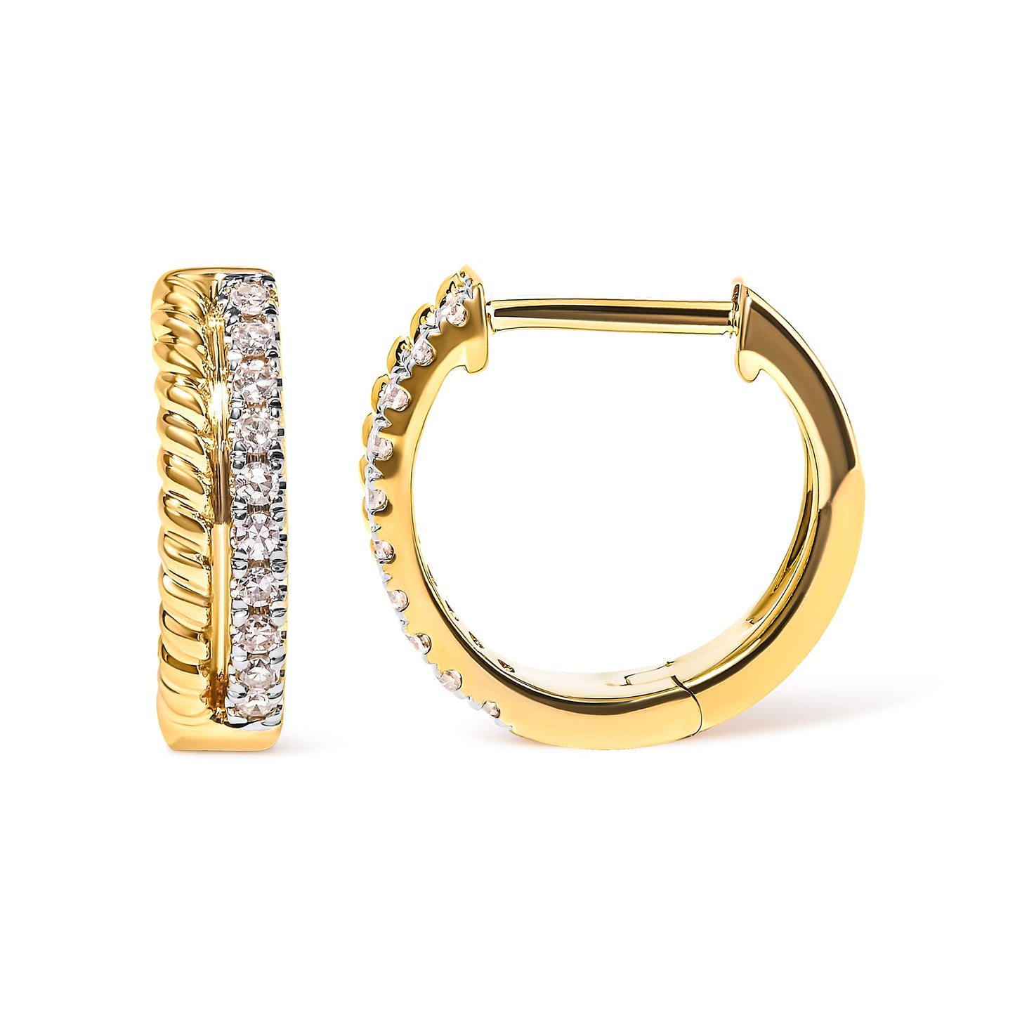 Pendientes de aro tipo Huggie de oro amarillo de 10K con diamante de 0,10 quilates en total y cuerda retorcida (color H-I, claridad I1-I2)