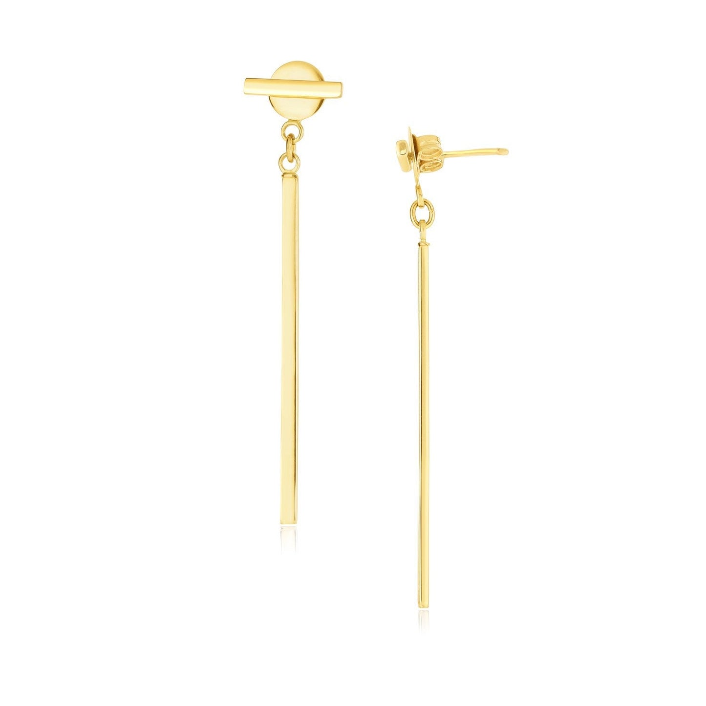 Pendientes colgantes modernos de disco y barra en oro amarillo de 14 quilates