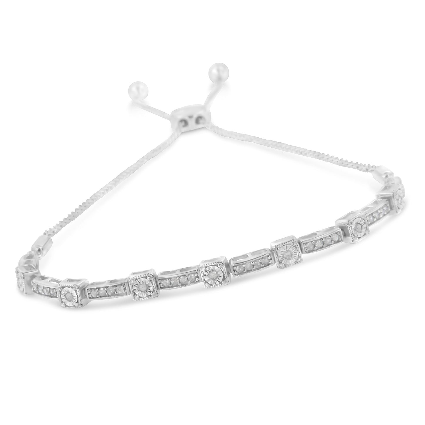 Brazalete de plata de ley .925 con 1/4 quilate total de diamante, ajustable de 4 a 10 pulgadas, con diseño alternado de cuadrados y rectángulos (Color I-J, Claridad I3)