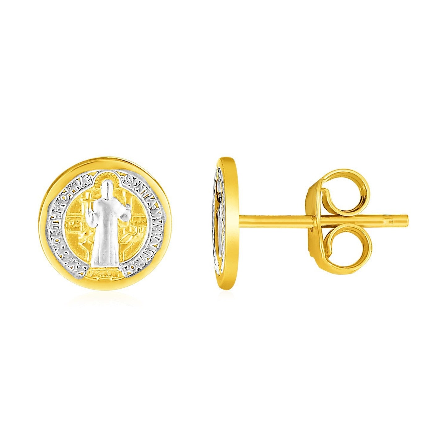 Pendientes de poste religiosos redondos de oro de dos tonos de 14k