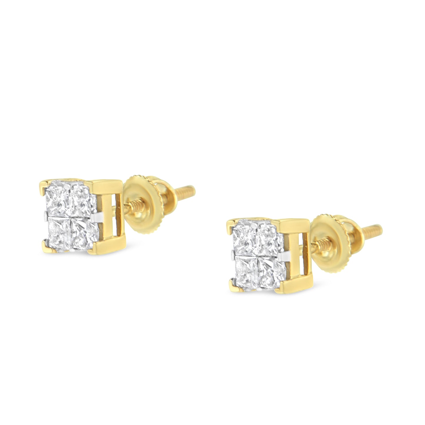 Pendientes de tuerca cuadrados con diamantes de talla princesa engastados invisibles de 3/4 Cttw en oro amarillo de 10K (color I-J, claridad I2-I3)