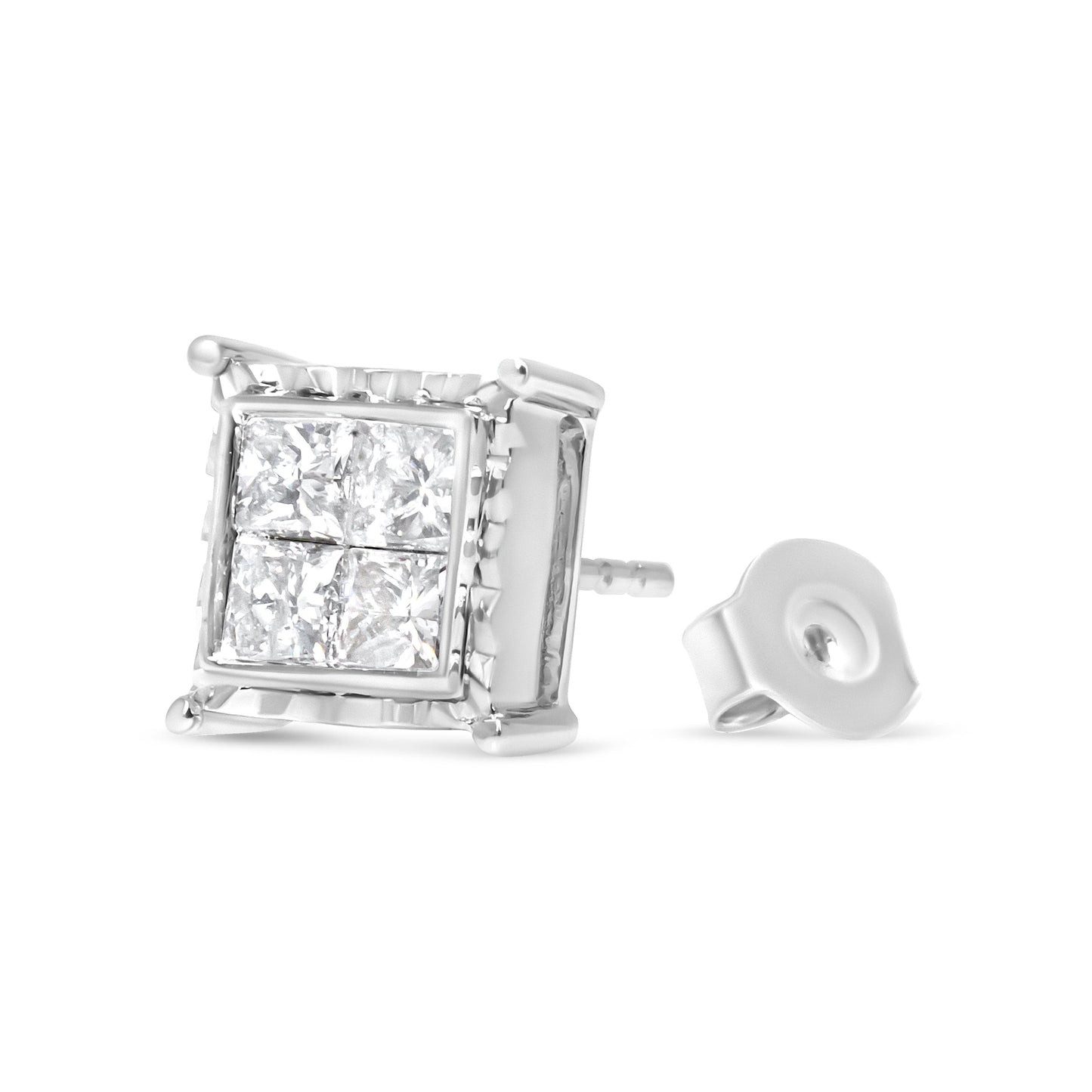 Pendientes de botón contemporáneos de oro blanco de 14 quilates con diamantes talla princesa de 1,5 quilates engastados invisibles con cuatro ondas (color I-J, claridad I1-I2)