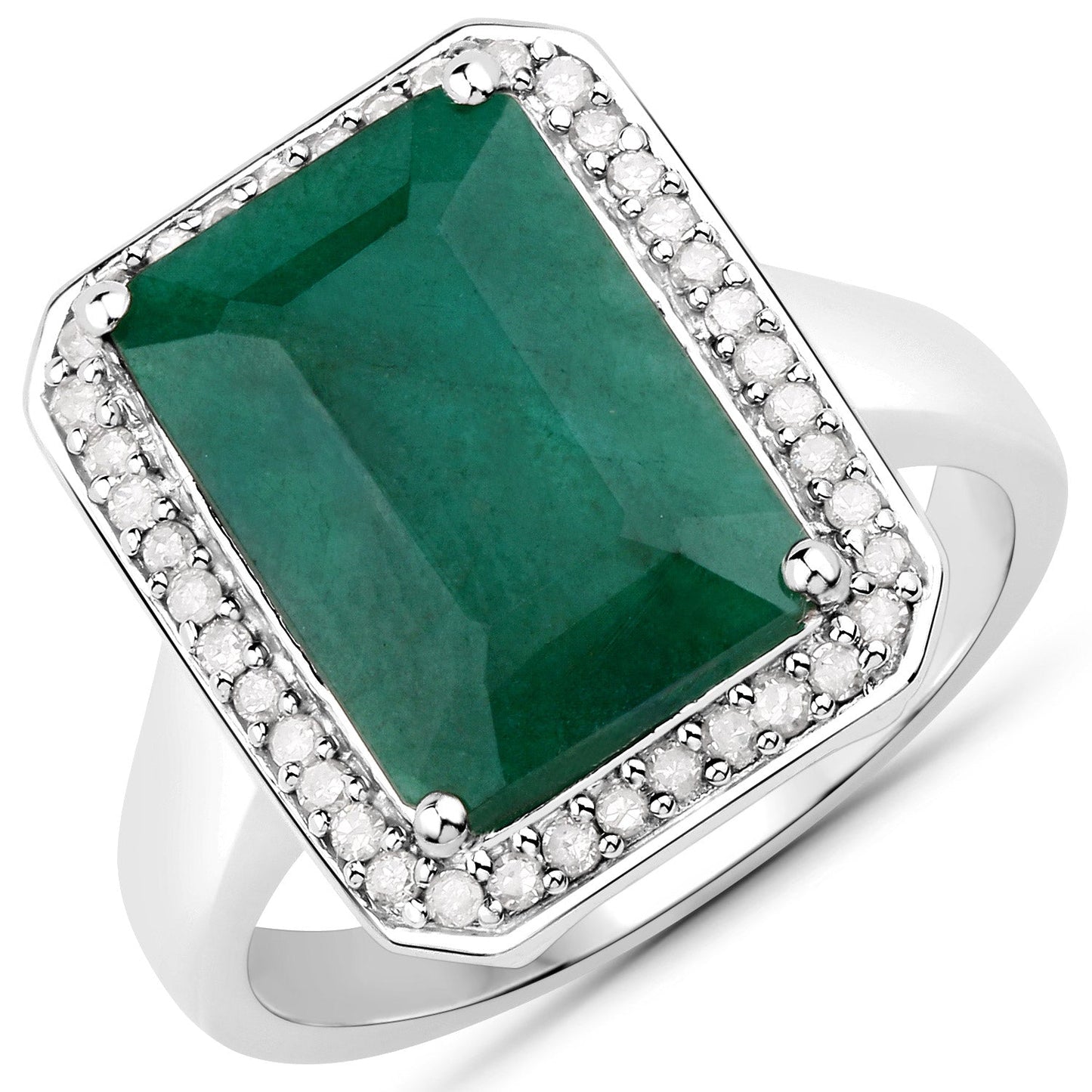 Anillo de plata de ley .925 con esmeralda teñida de 5.72 quilates y diamantes blancos
