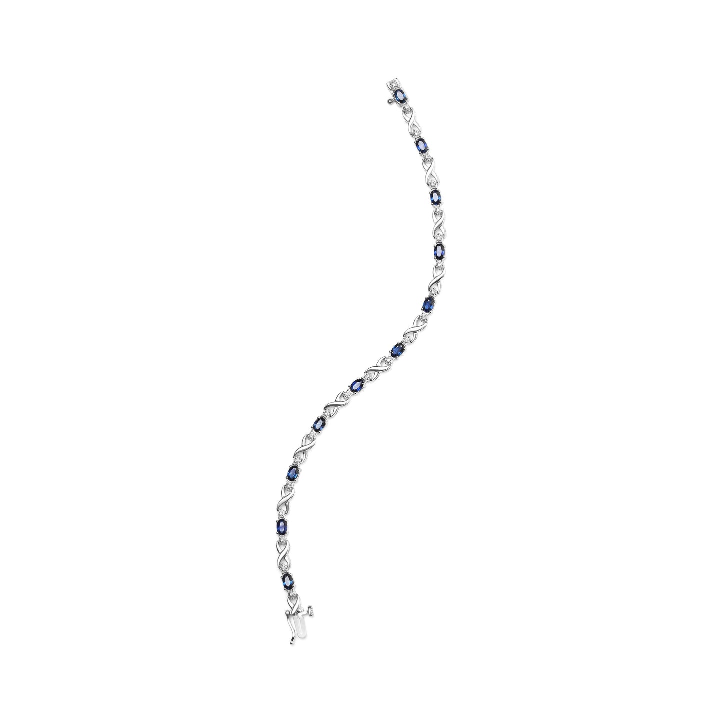 Pulsera de eslabones en "X" de oro blanco de 10K con zafiro ovalado de 5x4mm y diamantes de 1/10 Cttw engarzados en garra - Talla 7" (Color H-I, Claridad SI1-SI2)