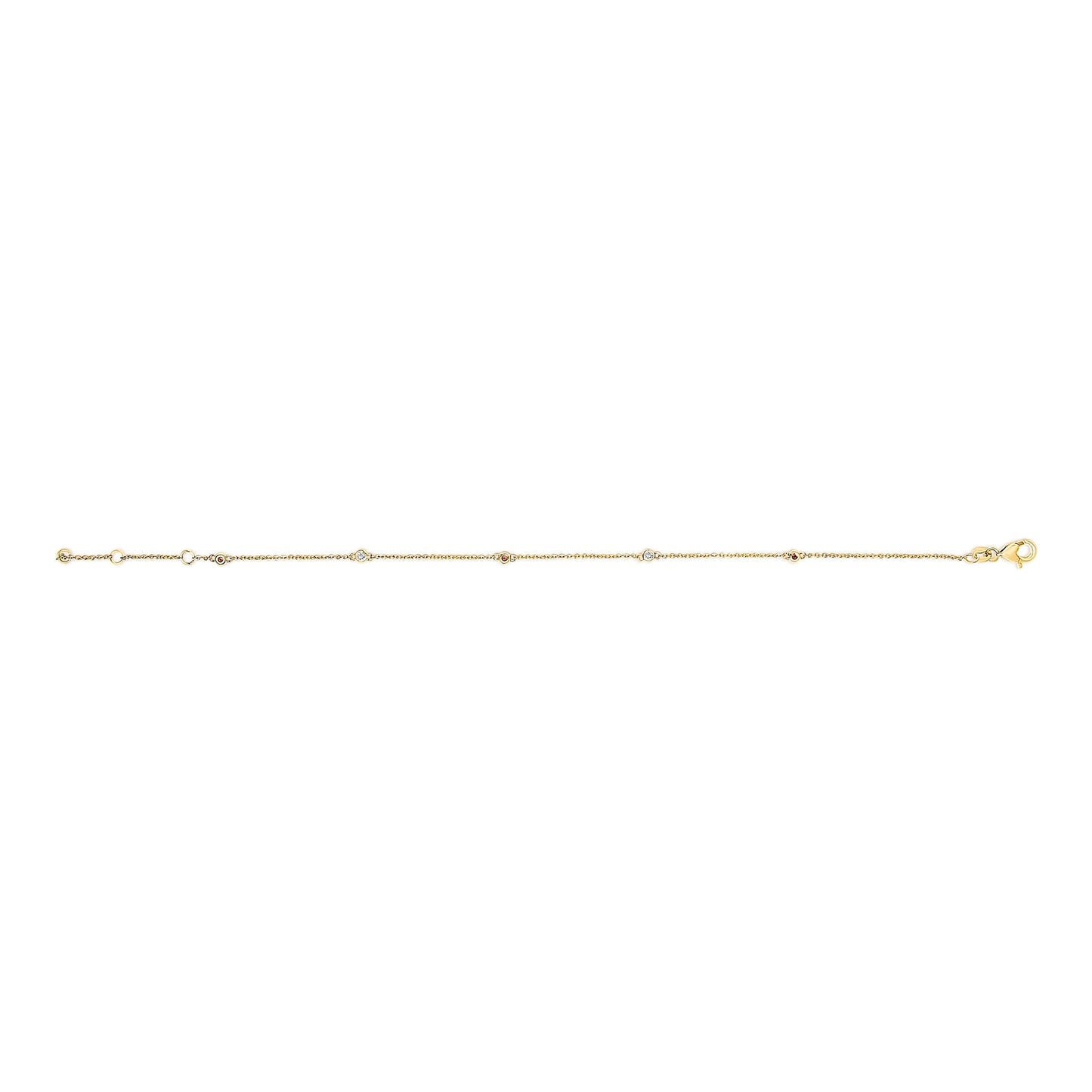 Pulsera de cadena de oro amarillo de 14 quilates con estaciones de rubíes rojos y diamantes blancos engastados (color I-J, claridad SI2-I1) - 7.5 pulgadas
