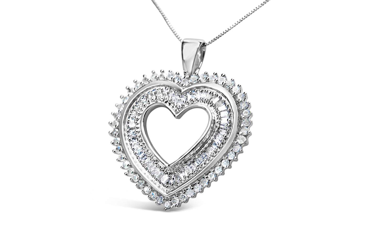 Collar con colgante de corazón de plata de ley .925 con diamantes redondos y baguette de 1.0 quilates, 18" (color H-I, claridad I3)