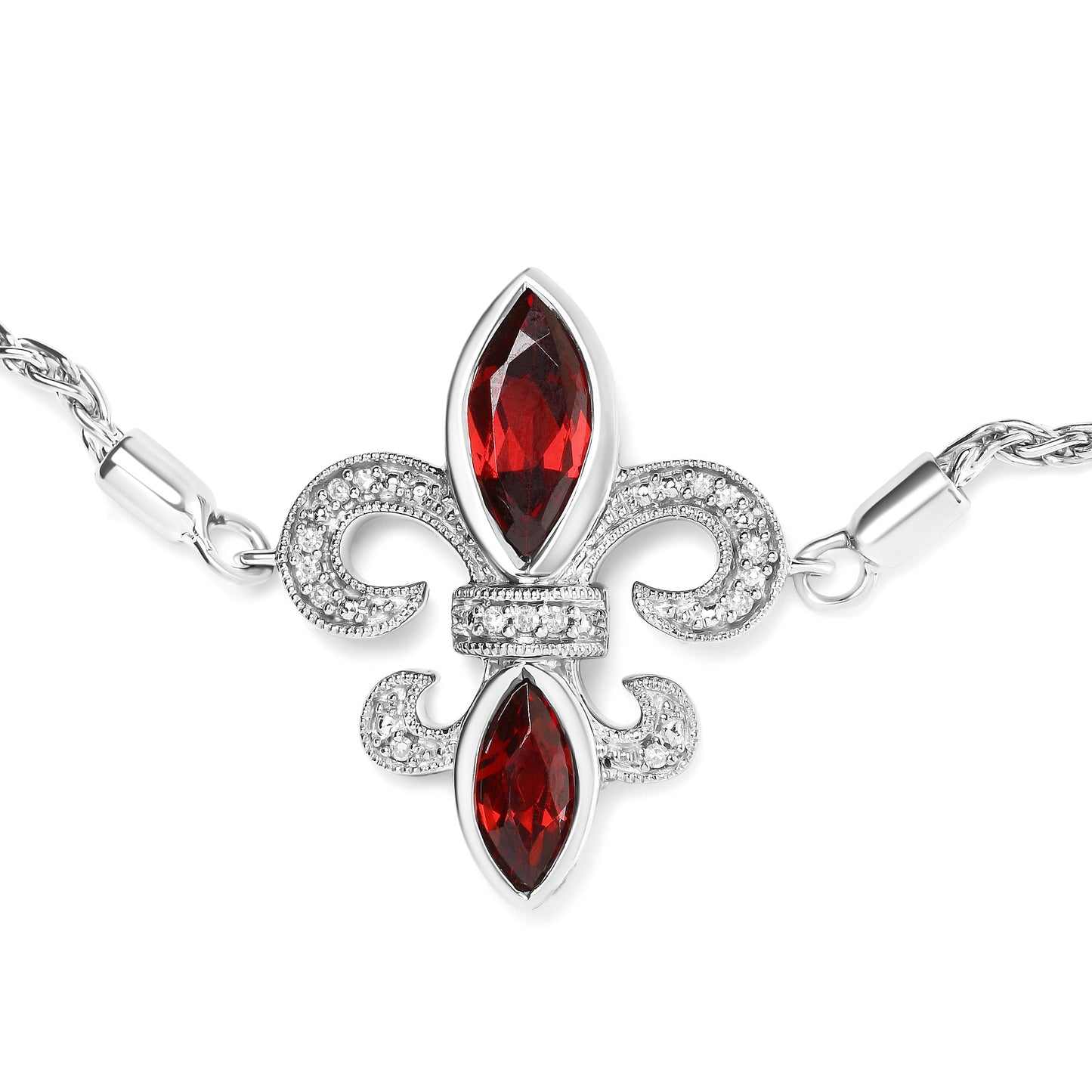 Pulsera bolo ajustable de plata de ley .925 con granate marquesa y acentos de diamante de 4 a 10 pulgadas con diseño de flor de lis (color H-I, claridad SI1-SI2)