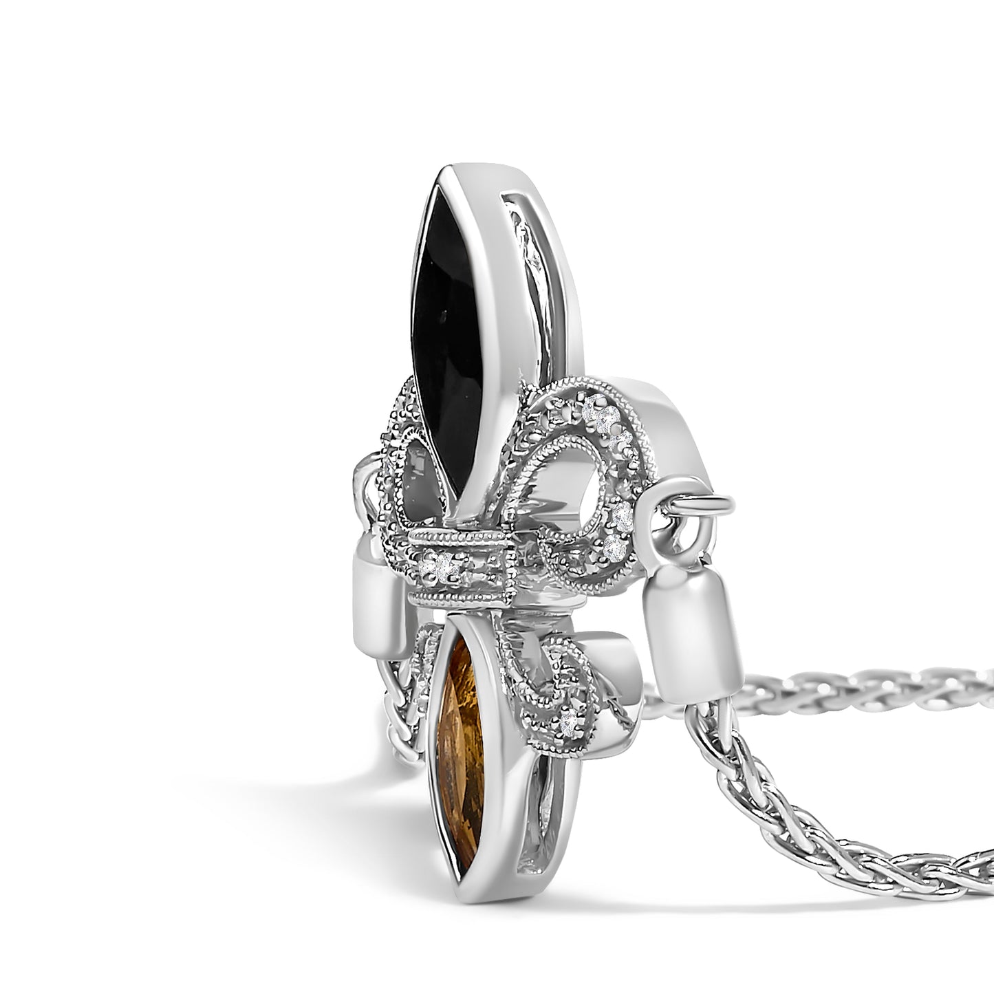 Brazalete bolo ajustable de plata de ley .925 con ónix negro marquesa, citrino naranja y acento de diamante, lariat de 4 a 10 pulgadas con flor de lis (color I-J, claridad I1-I2) - 7"