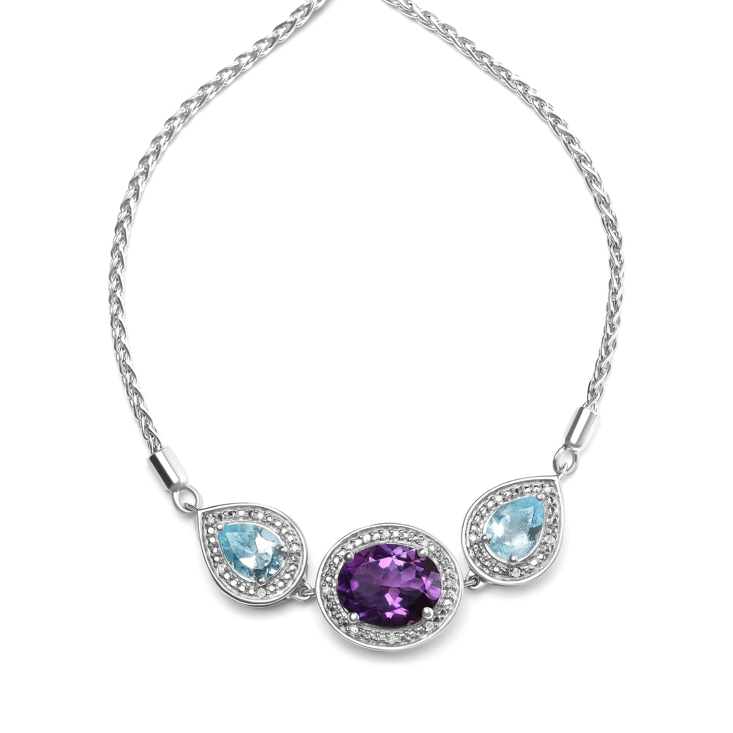 Pulsera de bolo ajustable de plata de ley .925 con amatista ovalada, topacio azul en forma de pera y acento de diamante de 4 a 10 pulgadas (color H-I, claridad SI1-SI2)