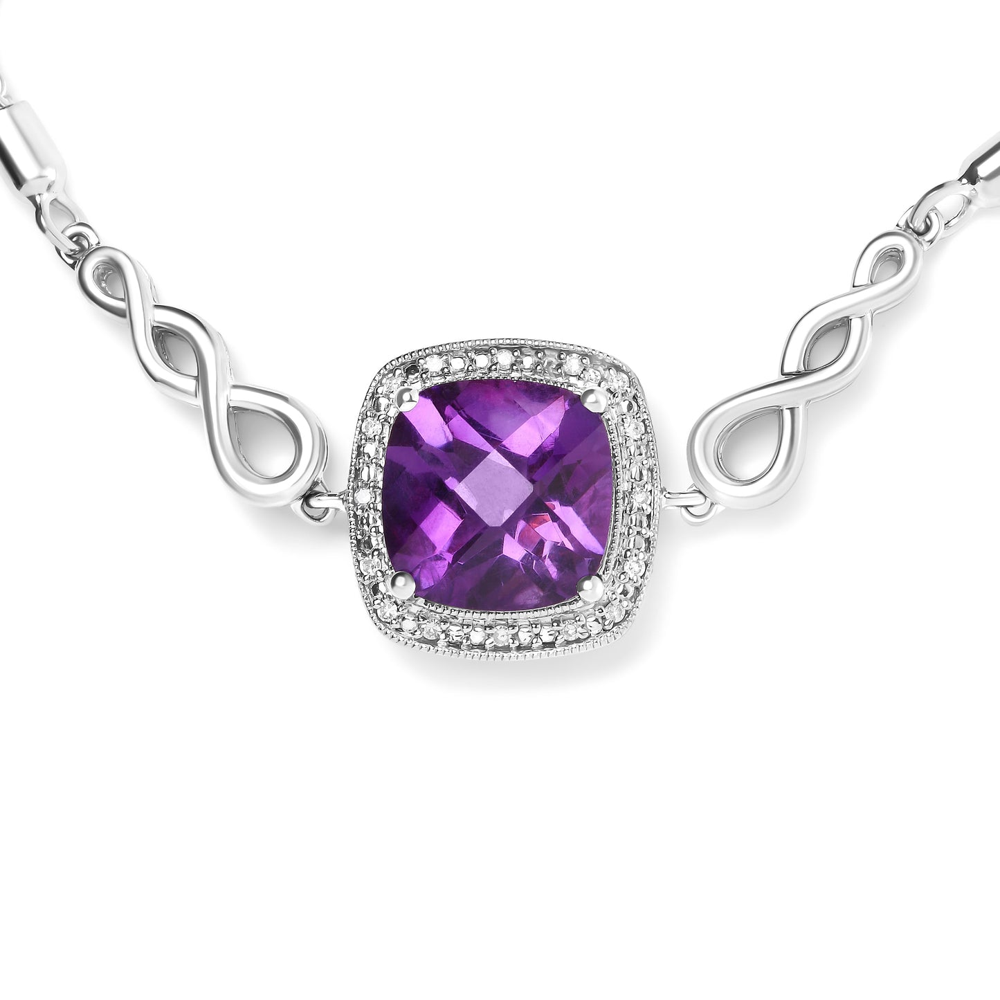 Brazalete bolo ajustable de plata de ley .925 con gema de amatista de talla cojín de 10 mm y acento de diamante de 4 a 10 pulgadas (color H-I, claridad SI1-SI2)