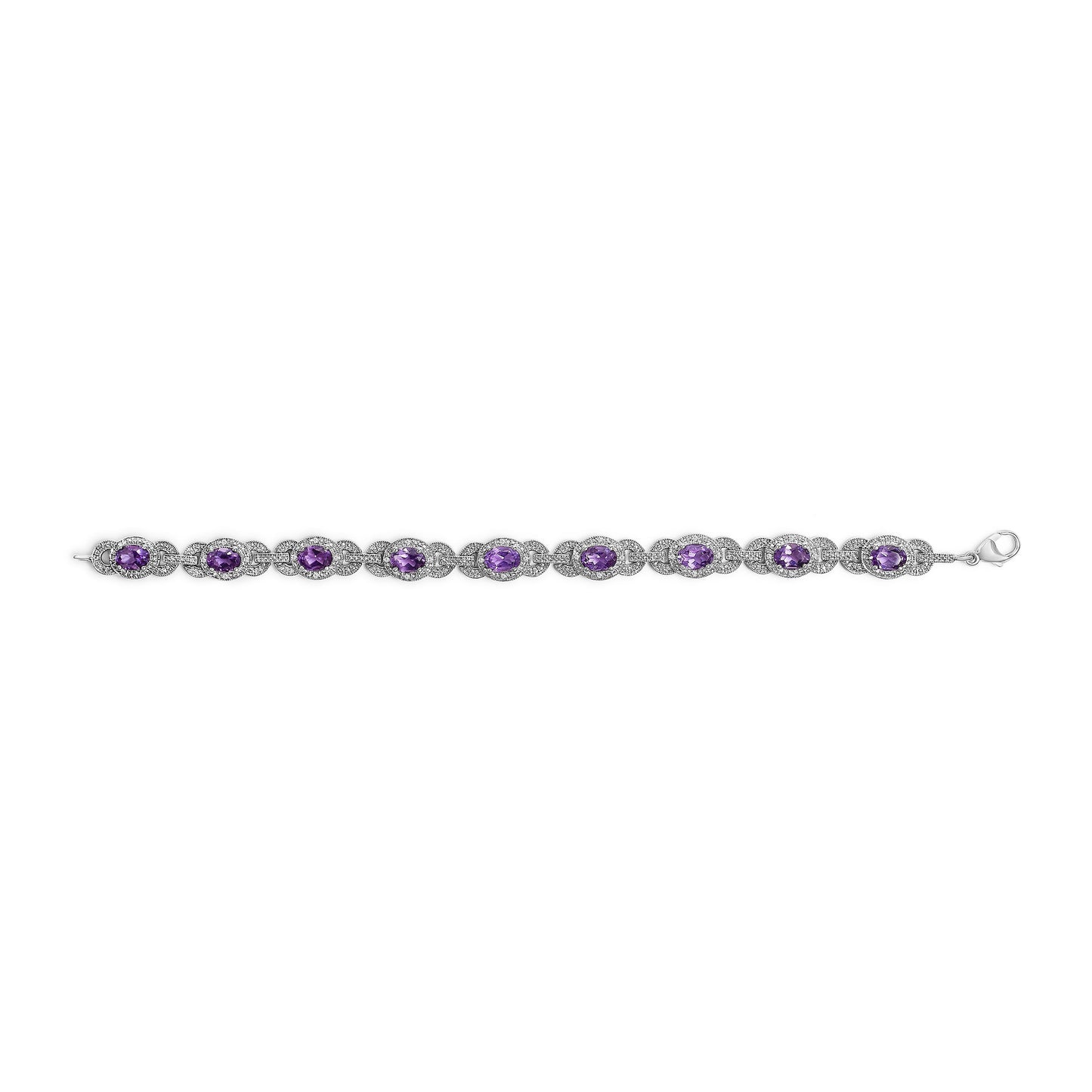 Pulsera de eslabones entrelazados de plata de ley con amatista morada ovalada y diamantes