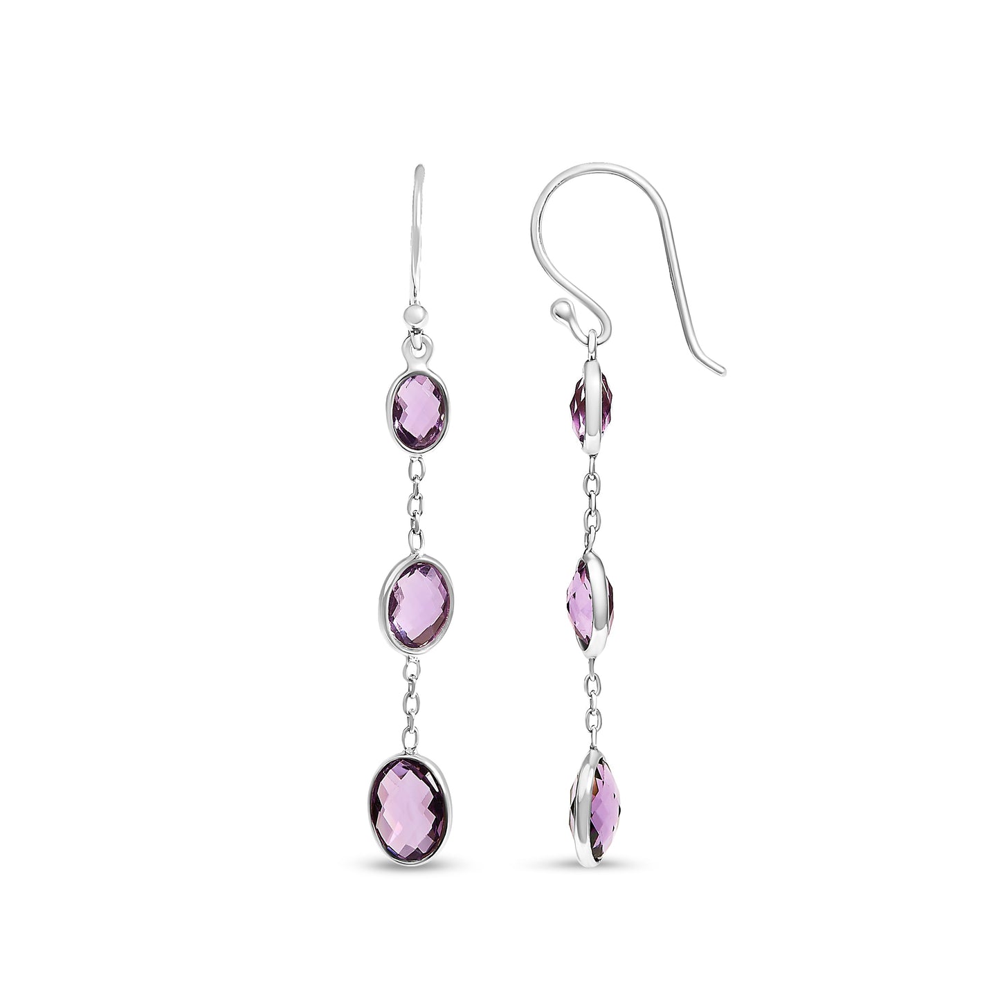 Aretes colgantes de plata esterlina .925 con amatista ovalada morada, corte damero, de 5 cm (2 pulgadas)