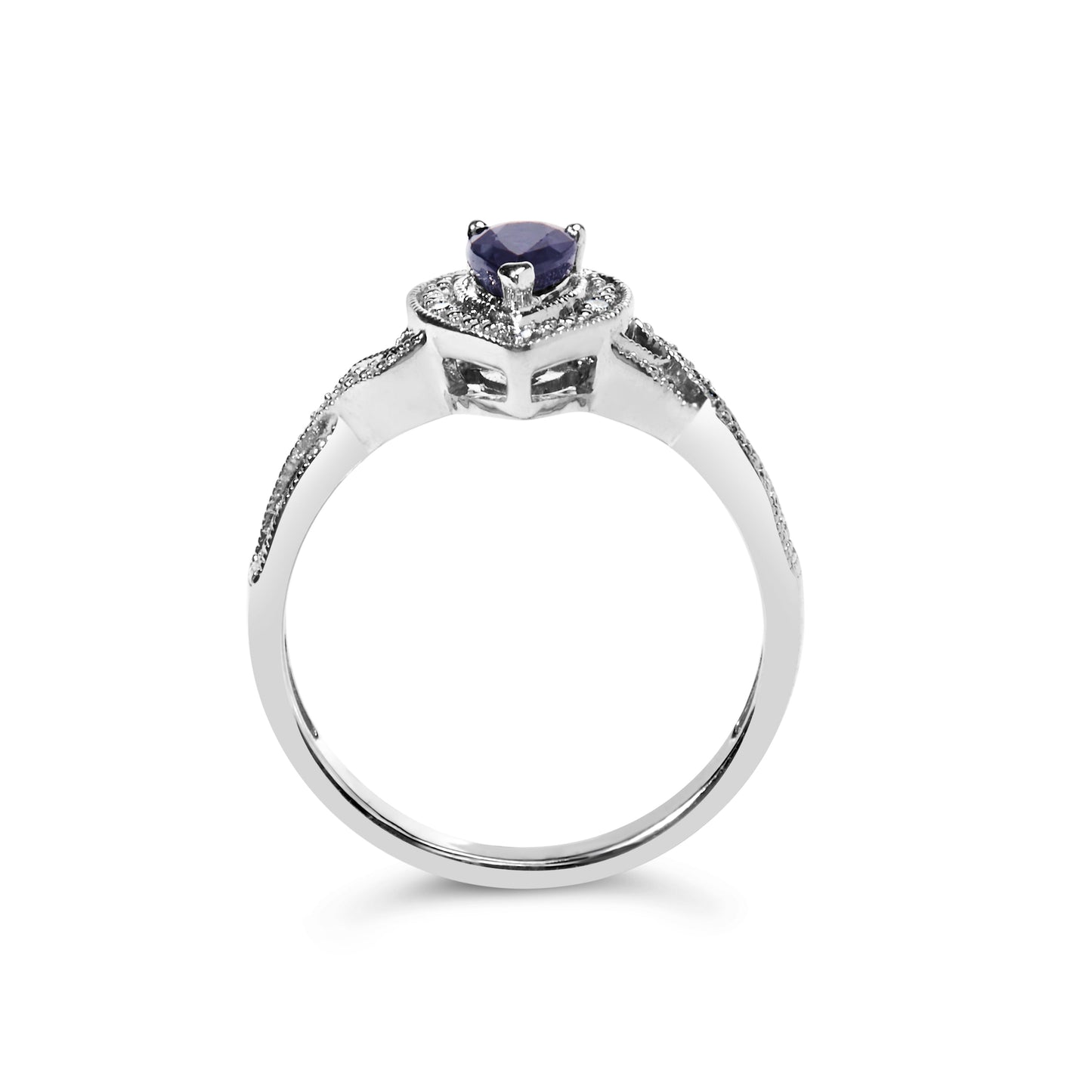 Anillo tipo halo de plata de ley .925 con gema de zafiro en forma de pera de 6x4 mm y acento de diamante (color H-I, claridad SI1-SI2) - Talla 7