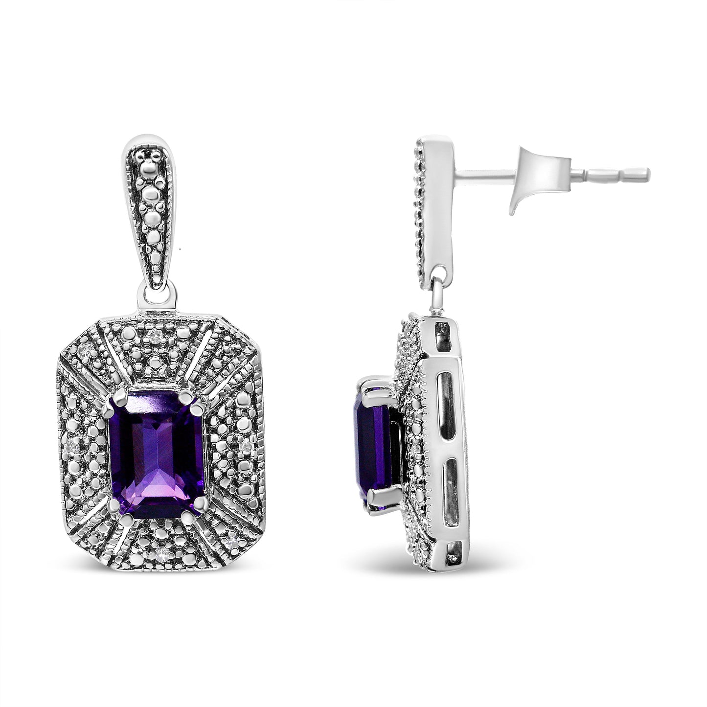 Pendientes de tuerca de plata de ley .925 con detalles de diamante y amatista morada de 7x5 mm (color I-J, claridad I2-I3)