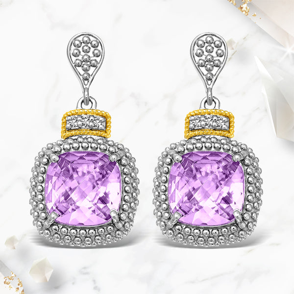 Pendientes de amatista talla cojín y diamantes (.05cttw) en oro amarillo de 18k y plata de ley