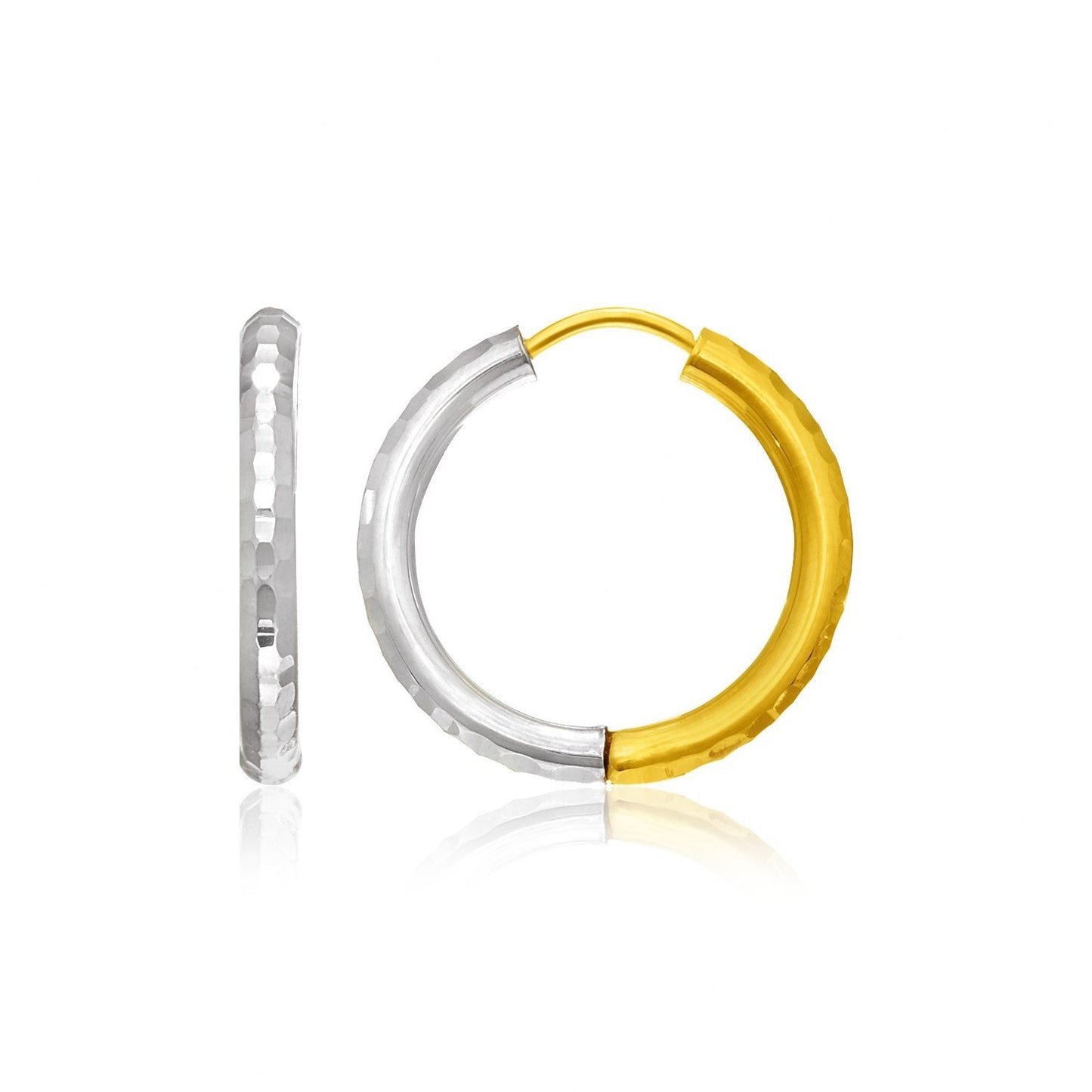 Pendientes de aro martillados de oro bicolor de 14k con bisagras