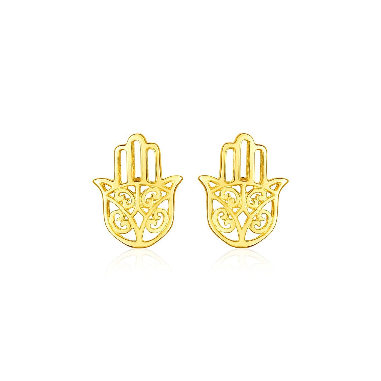 Pendientes de oro amarillo de 14k con poste y mano de Hamsa pulida