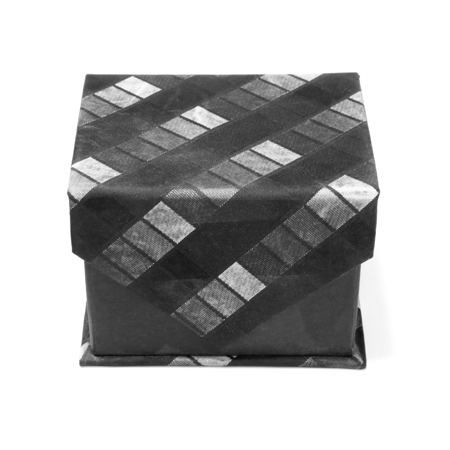 Men's Shiny Black& White Cross-Striped Design 4-pc Necktie Box Set