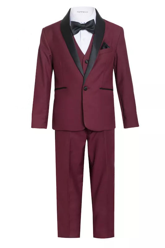 Ferrecci Boys Burgundy Shawl Collar Tuxedo โ Formal Kids Tuxedo (Reno Jr)