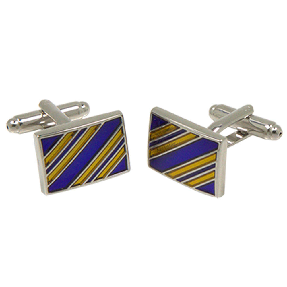 Silvertone Square Gold/Blue Stripe Cufflinks with Jewelry Box