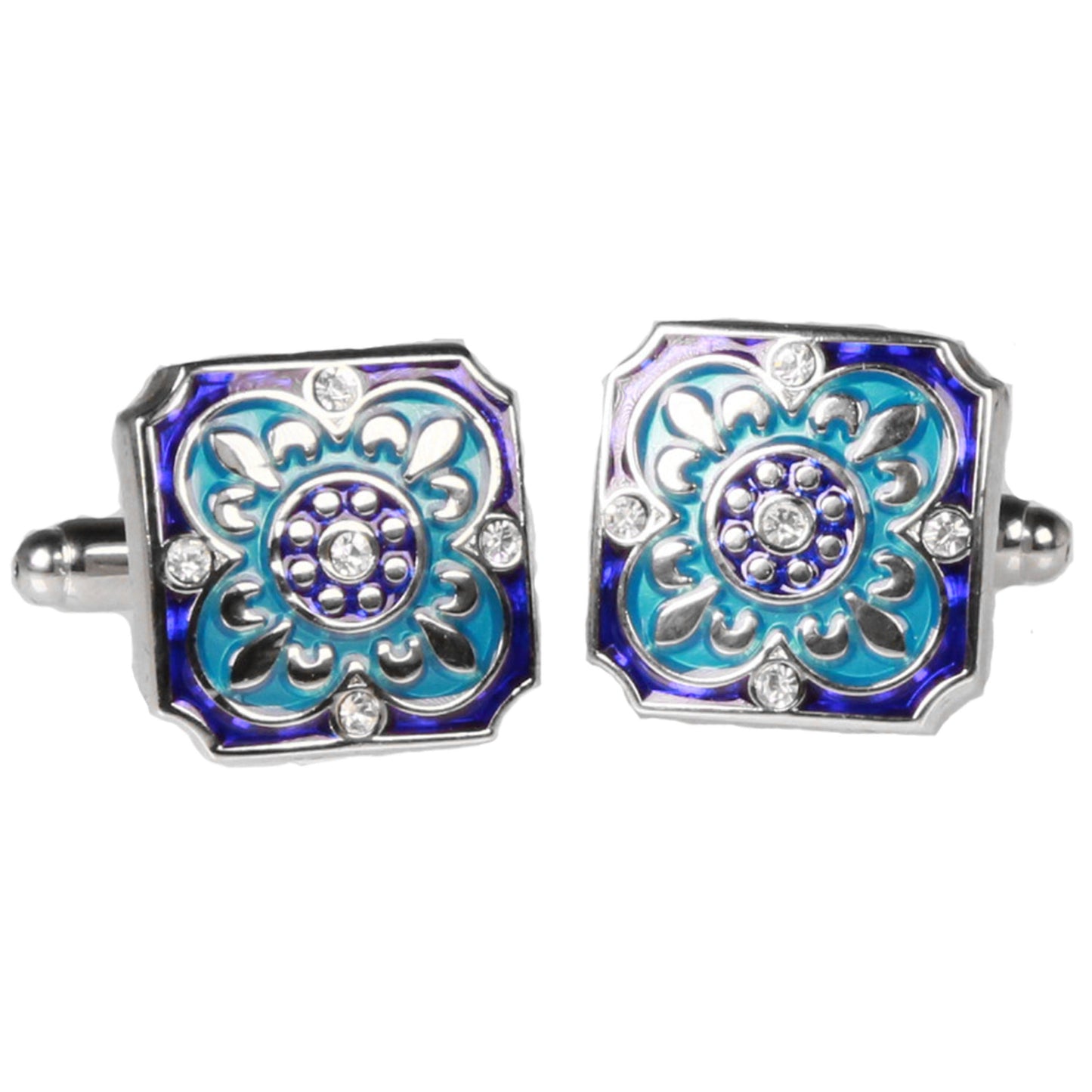 Silvertone Square Blue Geometric Pattern Cufflinks with Jewelry Box