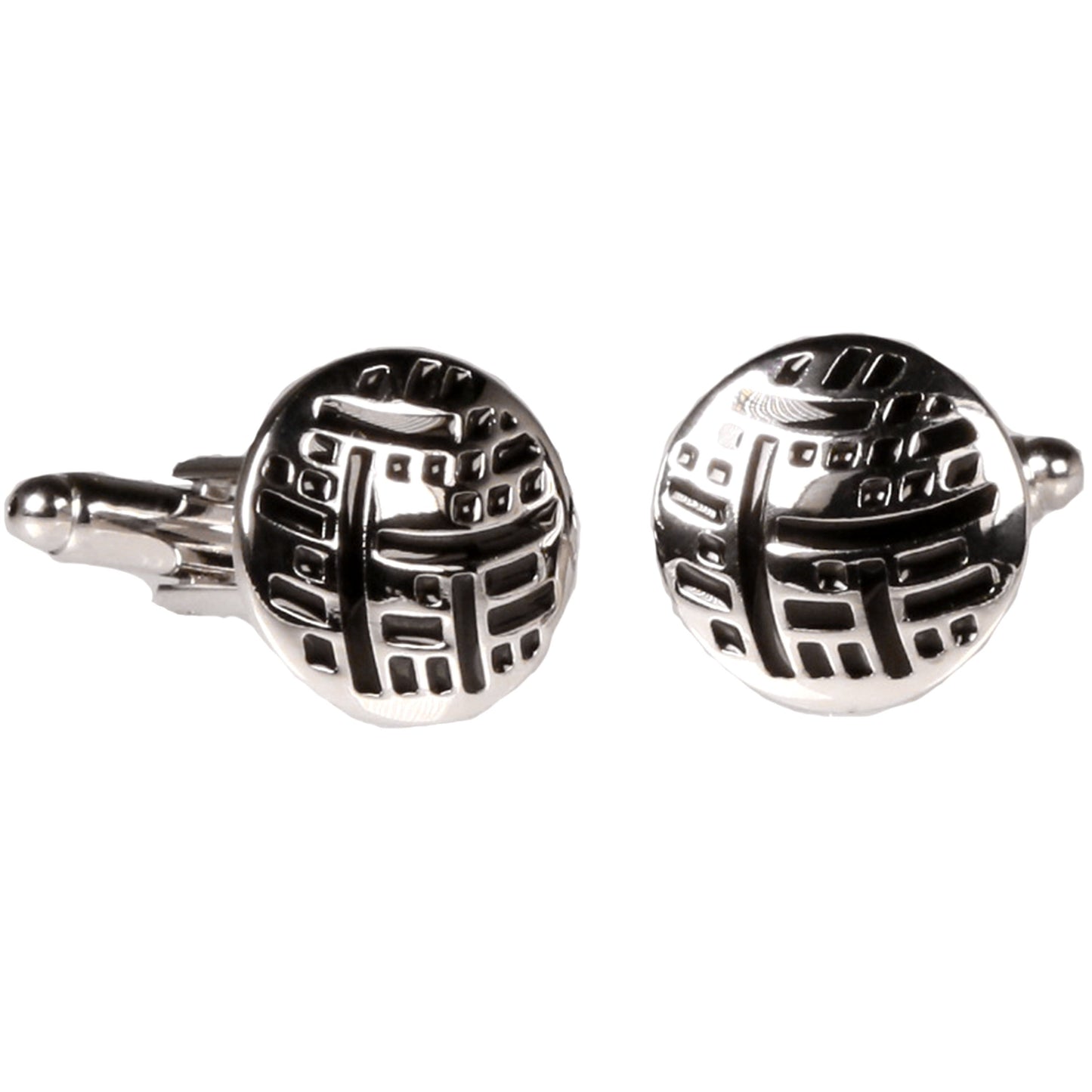 Silvertone Circle Black Geometric Cufflinks with Jewelry Box