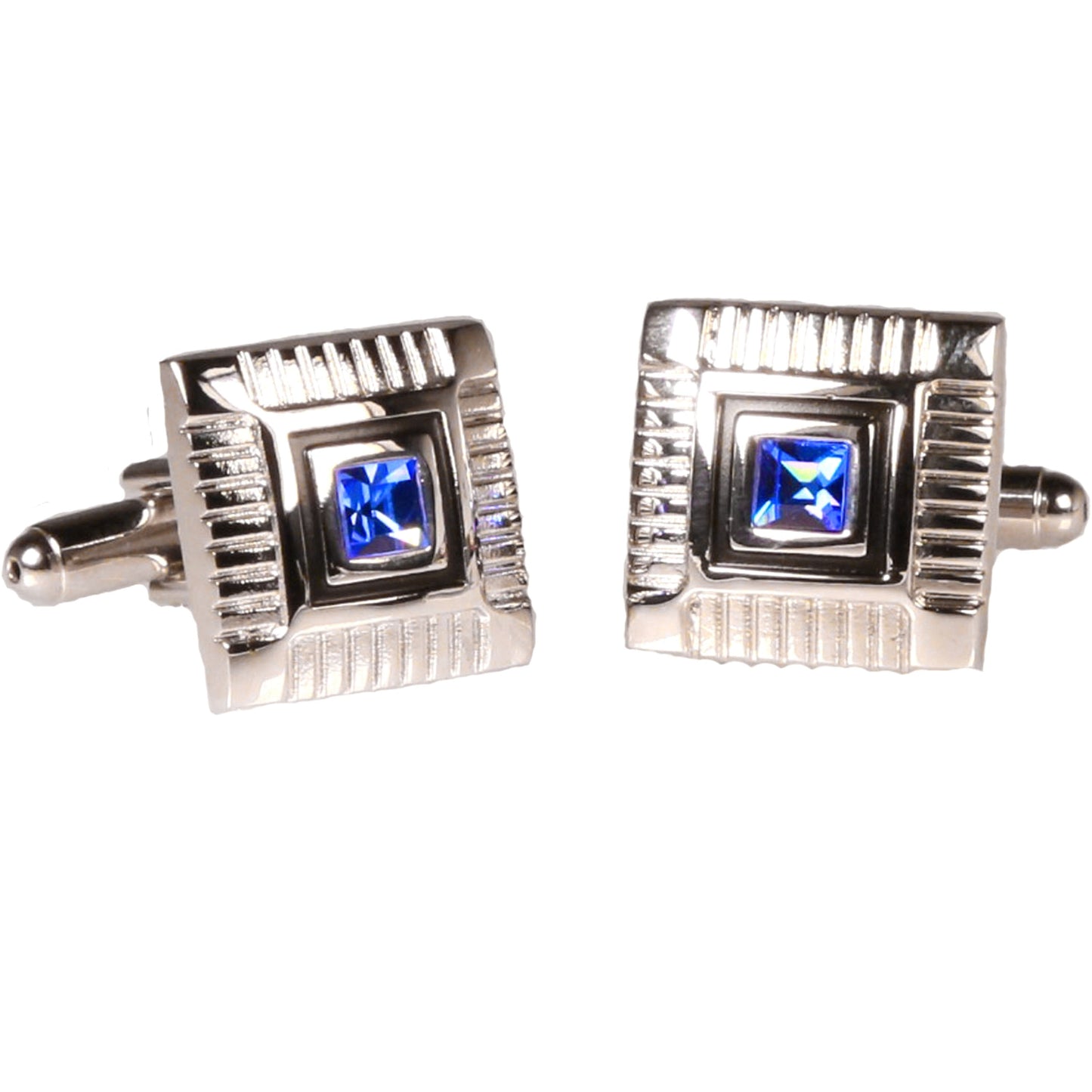 Silvertone Square Blue Gemstone Cufflinks with Jewelry Box